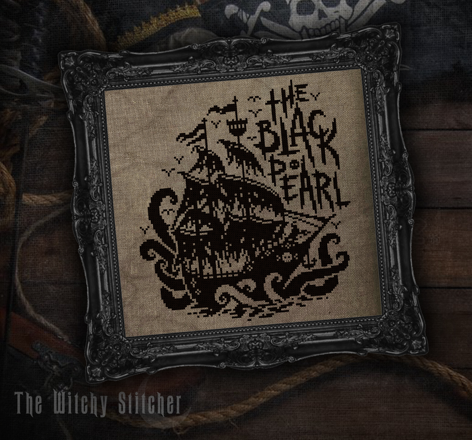 The Black Pearl - Halloween Cross Stitch Pattern, different perspective #1, zoomed in. Select this picture to zoom back out.
