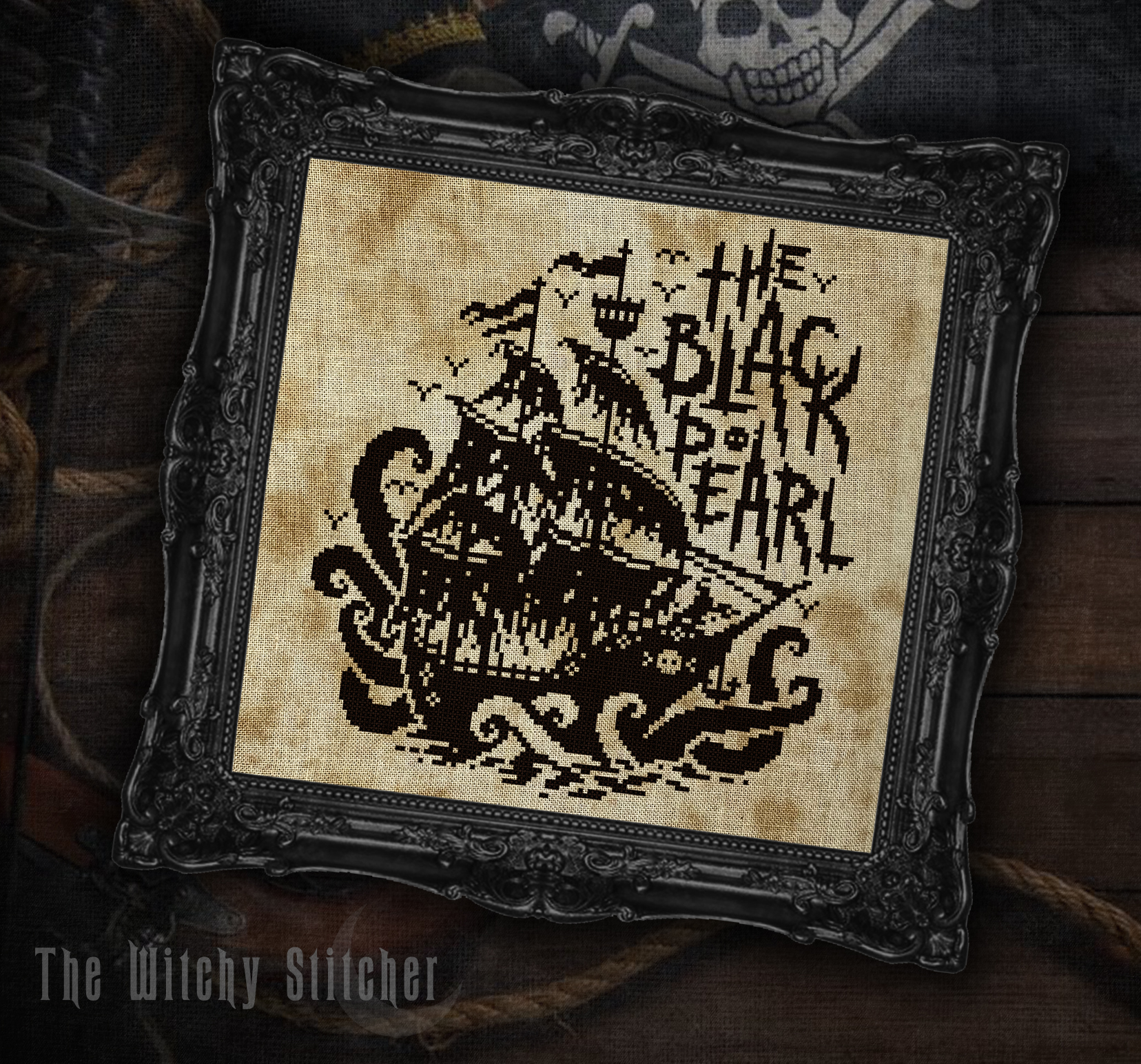 The Black Pearl - Halloween Cross Stitch Pattern, different perspective #2, zoomed in. Select this picture to zoom back out.