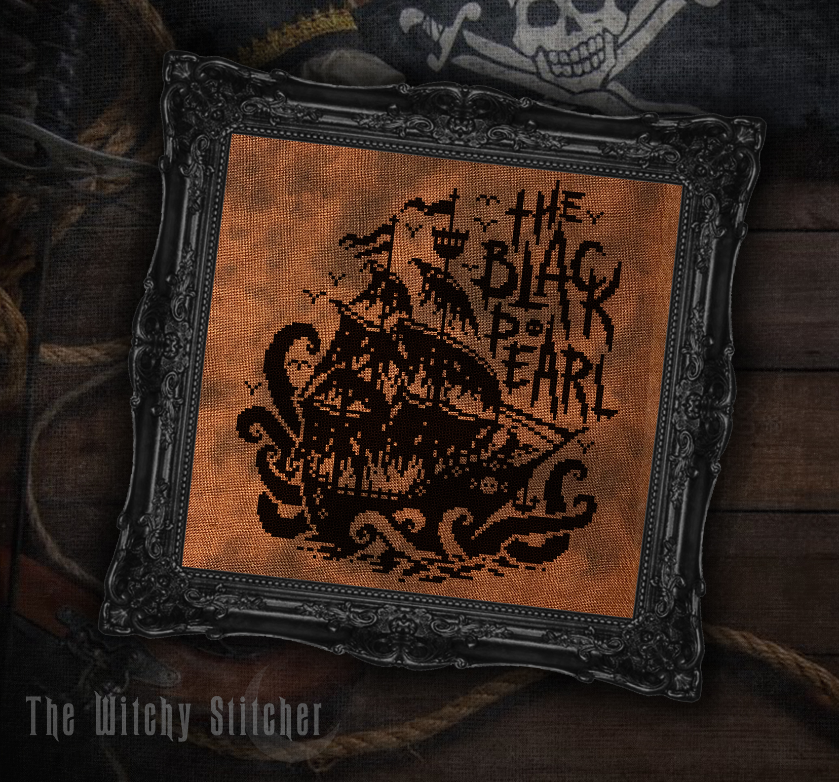 The Black Pearl - Halloween Cross Stitch Pattern, different perspective #3, zoomed in. Select this picture to zoom back out.