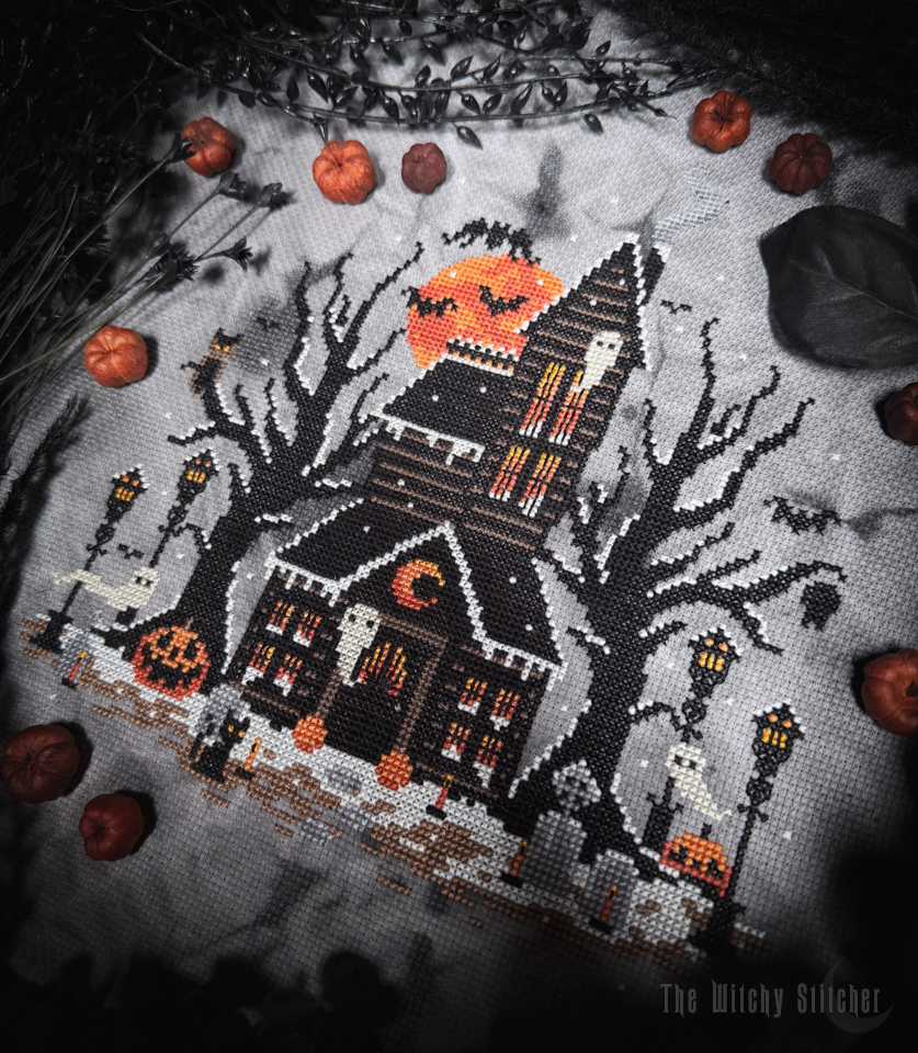 Frosted Pumpkin Cottage - Halloween Cross Stitch Pattern, different perspective #1, zoomed in. Select this picture to zoom back out.