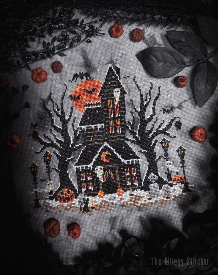 Frosted Pumpkin Cottage - Halloween Cross Stitch Pattern, different perspective #2, zoomed in. Select this picture to zoom back out.