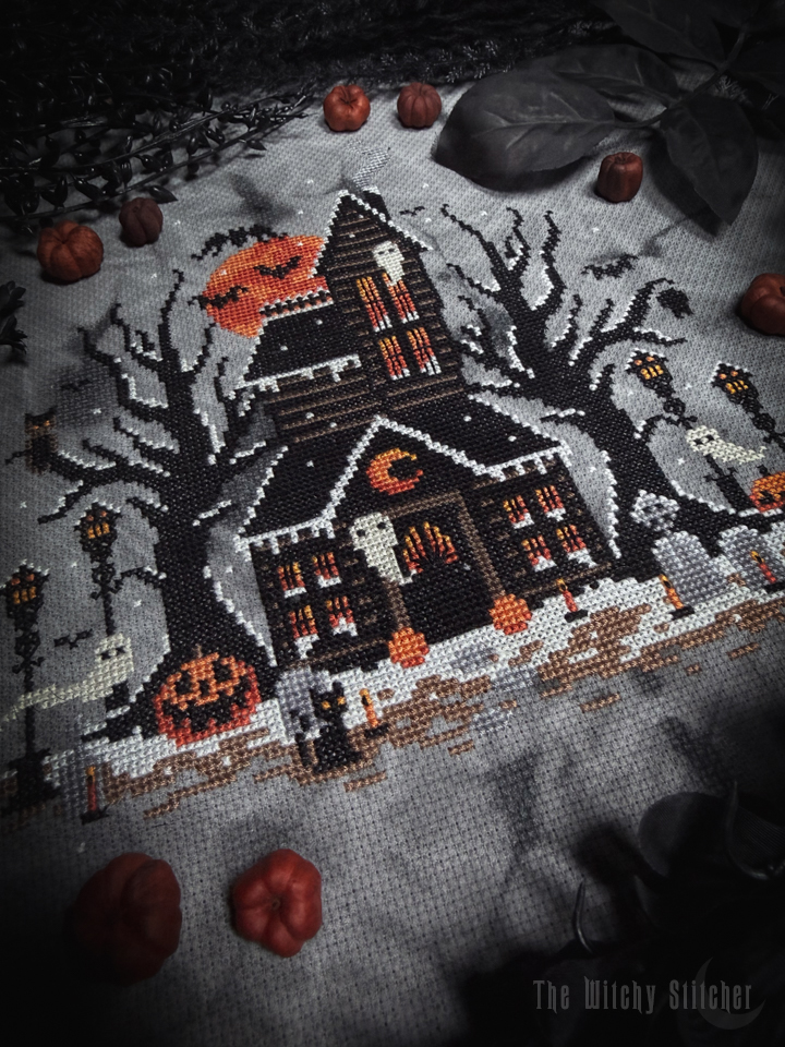 Frosted Pumpkin Cottage - Halloween Cross Stitch Pattern, different perspective #3, zoomed in. Select this picture to zoom back out.