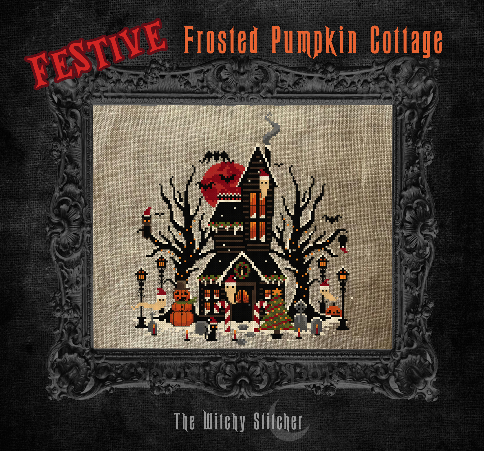 Festive Frosted Pumpkin Cottage - Christmas Pattern, different perspective #1, zoomed in. Select this picture to zoom back out.