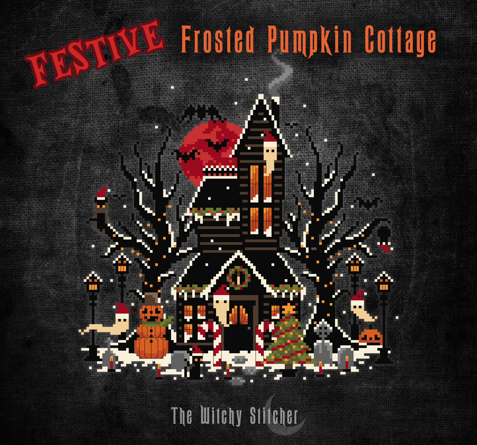 Festive Frosted Pumpkin Cottage - Christmas Pattern, zoomed in. Select this picture to zoom back out.