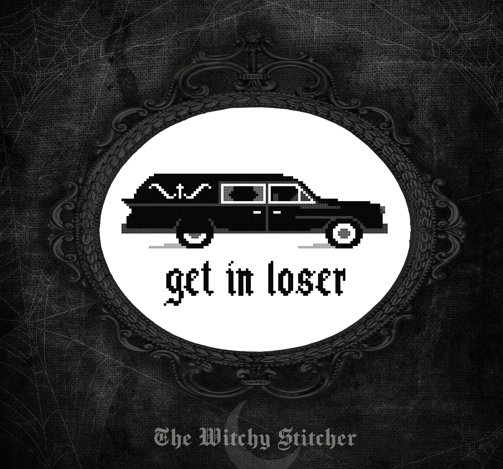 Get In Loser - Halloween PDF Cross Stitch Pattern, different perspective #1, zoomed in. Select this picture to zoom back out.