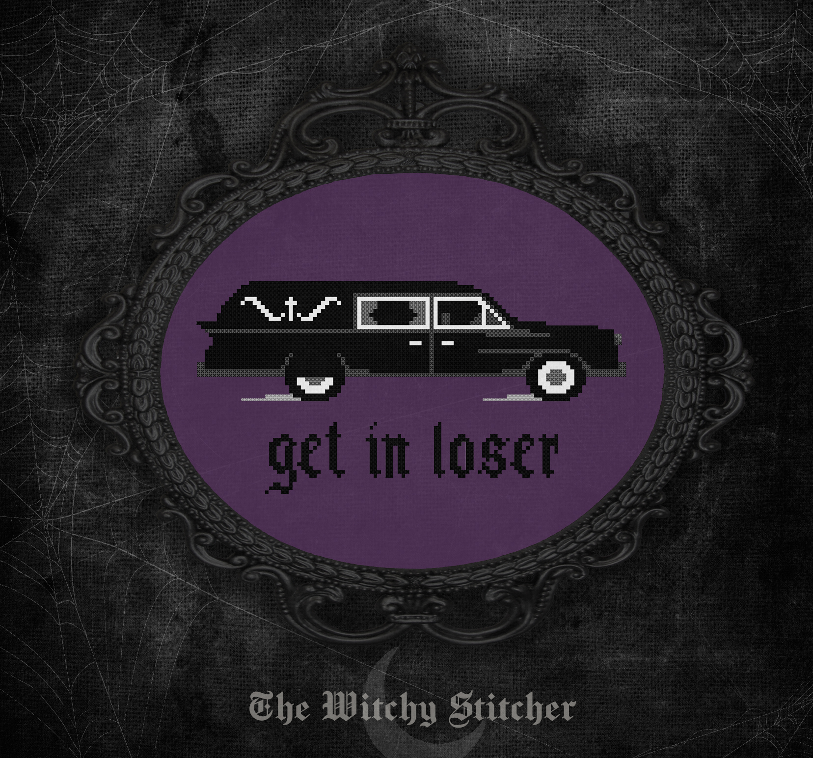 Get In Loser - Halloween PDF Cross Stitch Pattern, different perspective #2, zoomed in. Select this picture to zoom back out.