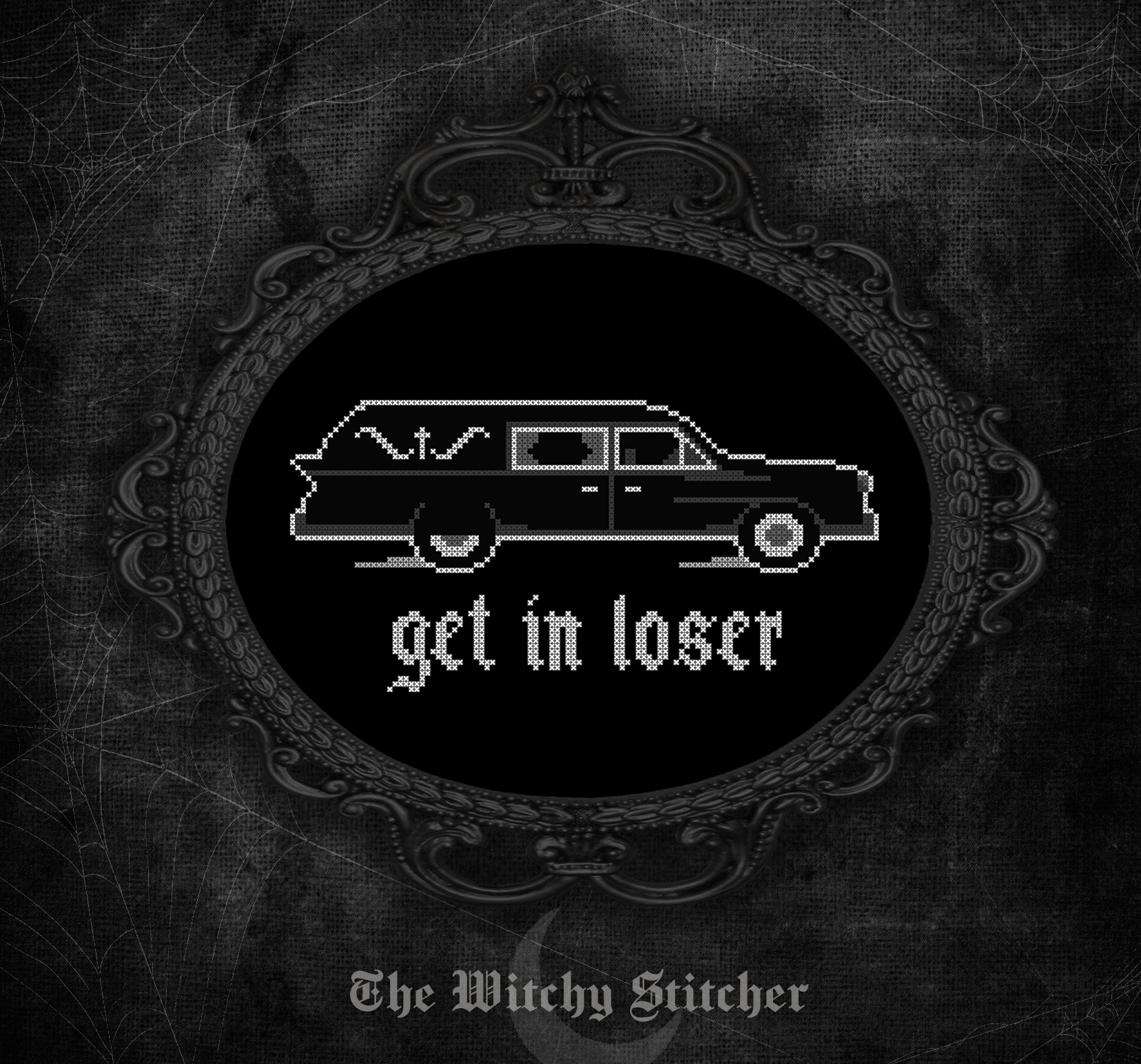 Get In Loser - Halloween PDF Cross Stitch Pattern, zoomed in. Select this picture to zoom back out.