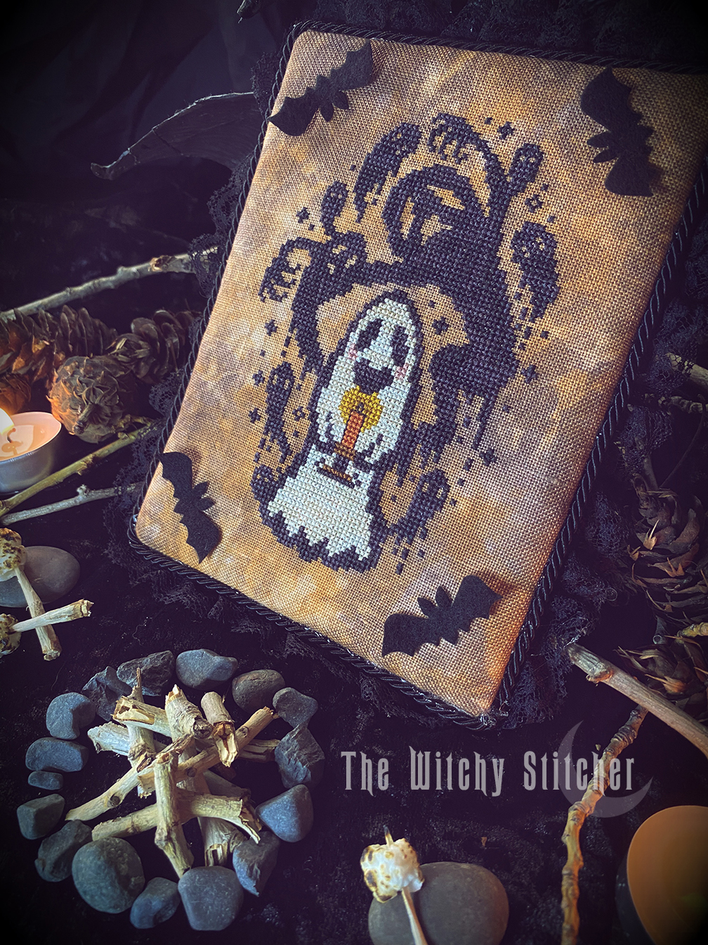 Ghost Stories - Halloween Cross Stitch Pattern, different perspective #2, zoomed in. Select this picture to zoom back out.
