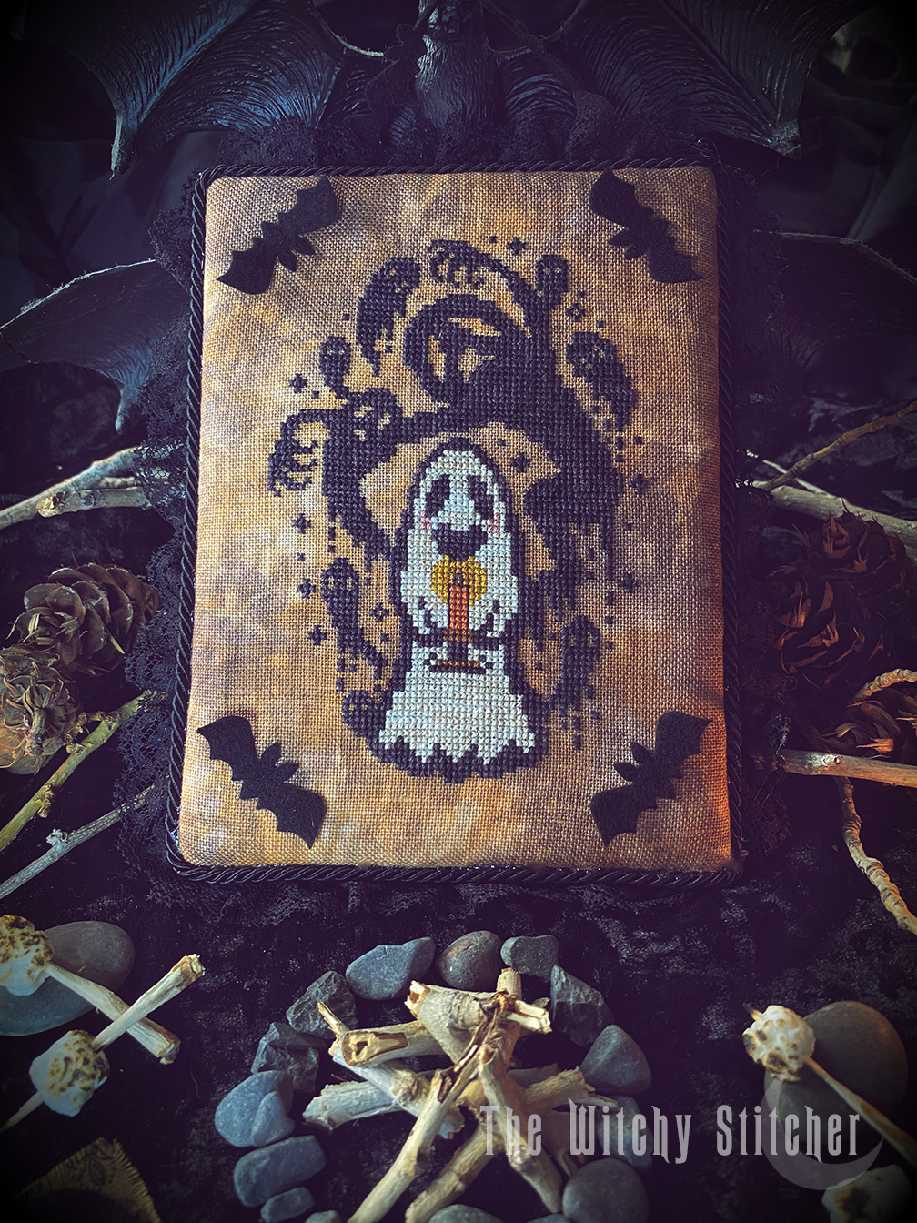 Ghost Stories - Halloween Cross Stitch Pattern, zoomed in. Select this picture to zoom back out.