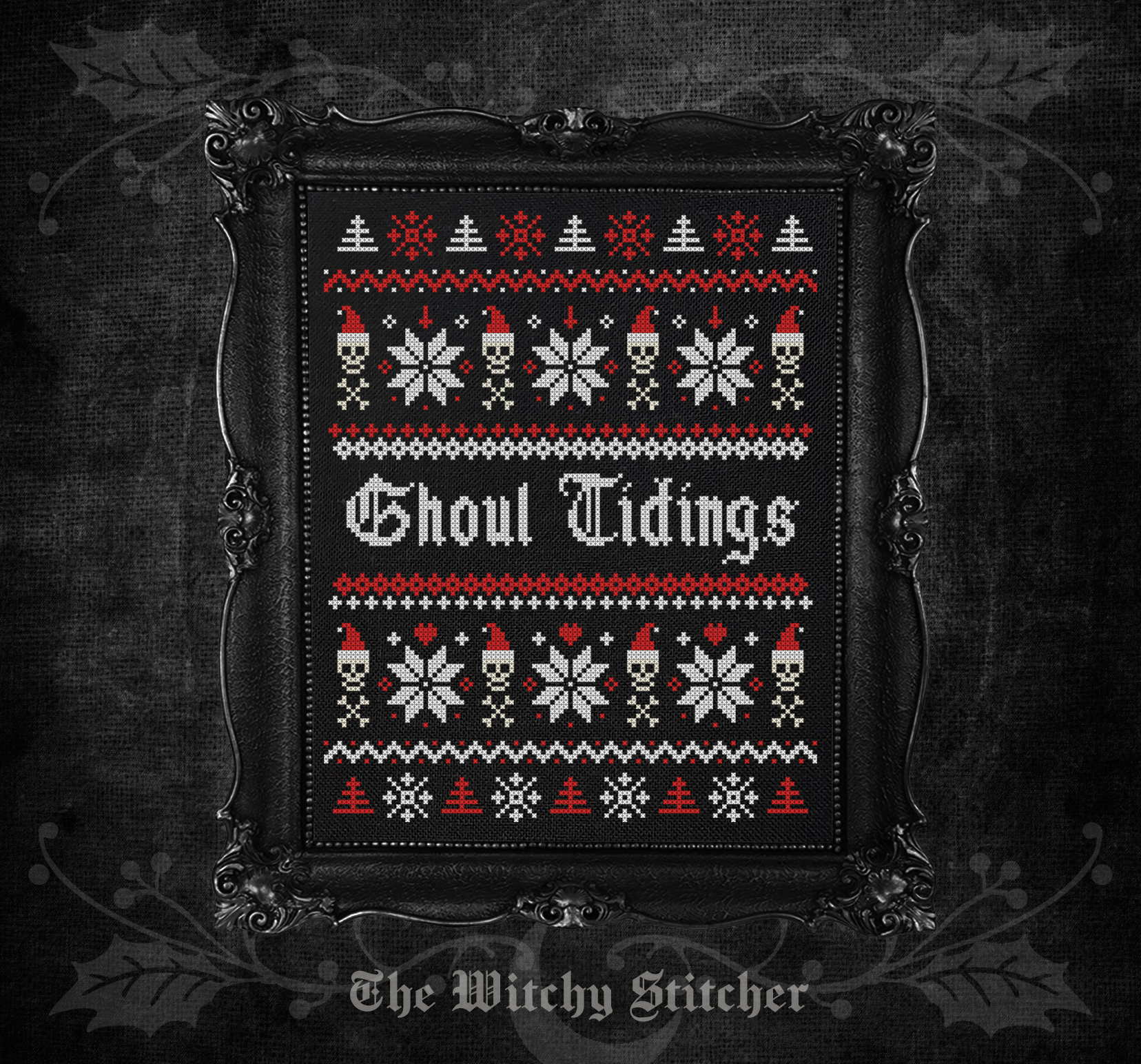 Ghoul Tidings Sampler - Christmas Cross Stitch Pattern, different perspective #1, zoomed in. Select this picture to zoom back out.