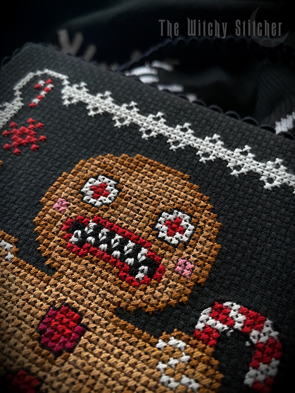 GingerDead Man - Halloween PDF Cross Stitch Pattern, different perspective #1, zoomed in. Select this picture to zoom back out.