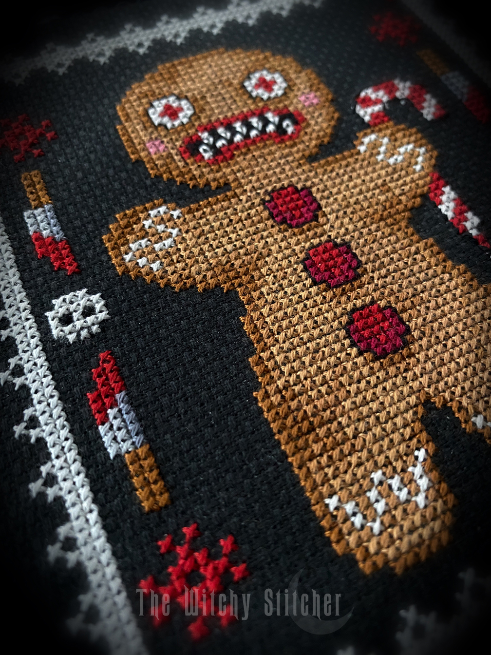 GingerDead Man - Halloween PDF Cross Stitch Pattern, different perspective #3, zoomed in. Select this picture to zoom back out.