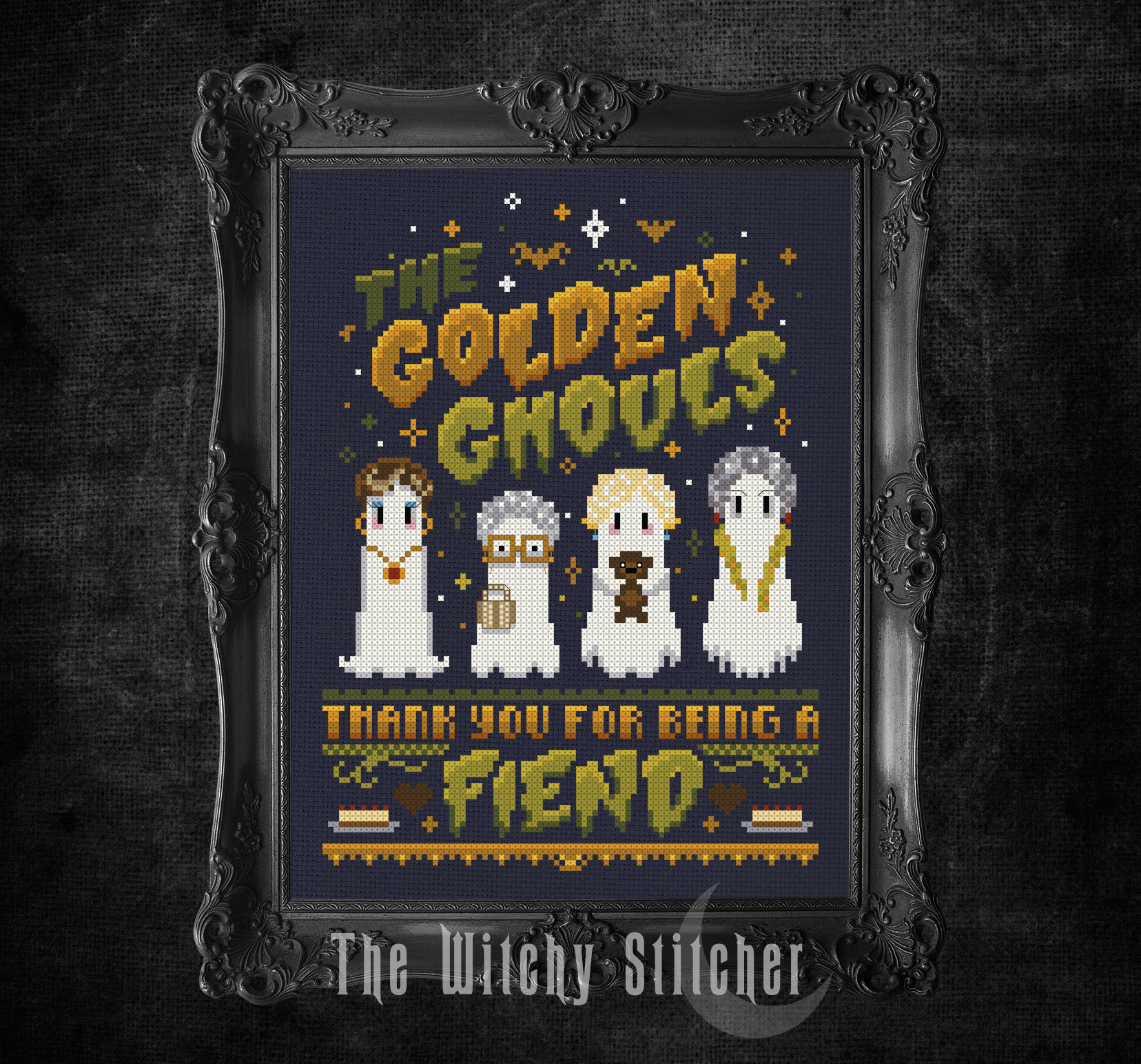 Golden Ghouls - Halloween Cross Stitch Pattern, different perspective #1, zoomed in. Select this picture to zoom back out.