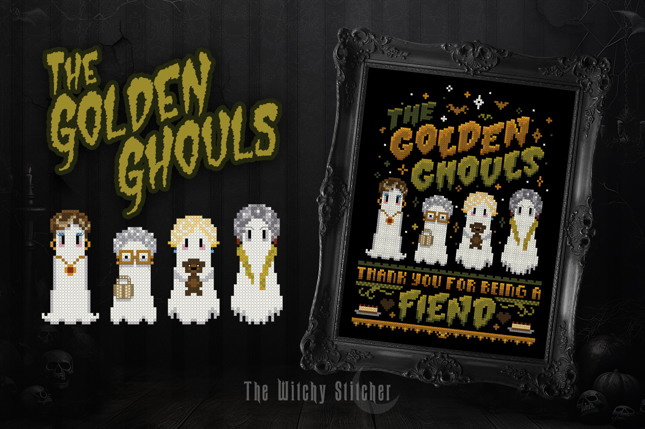 Golden Ghouls - Halloween Cross Stitch Pattern, different perspective #2, zoomed in. Select this picture to zoom back out.