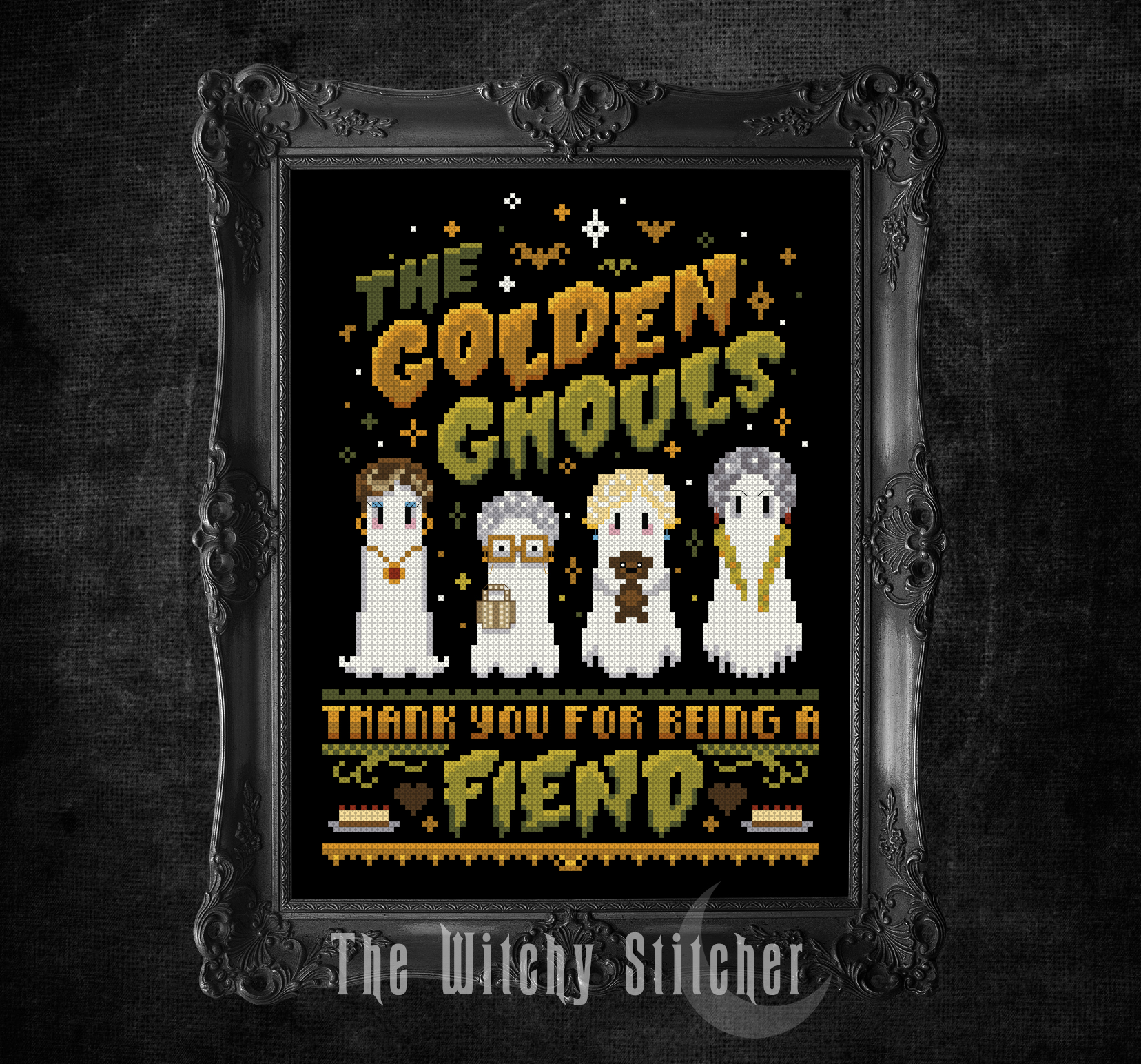 Golden Ghouls - Halloween Cross Stitch Pattern, zoomed in. Select this picture to zoom back out.