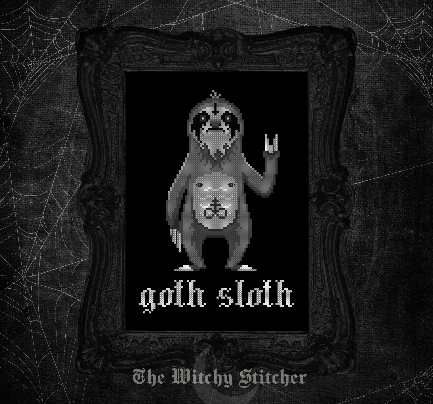Goth Sloth - Halloween Cross Stitch Pattern, different perspective #1, zoomed in. Select this picture to zoom back out.