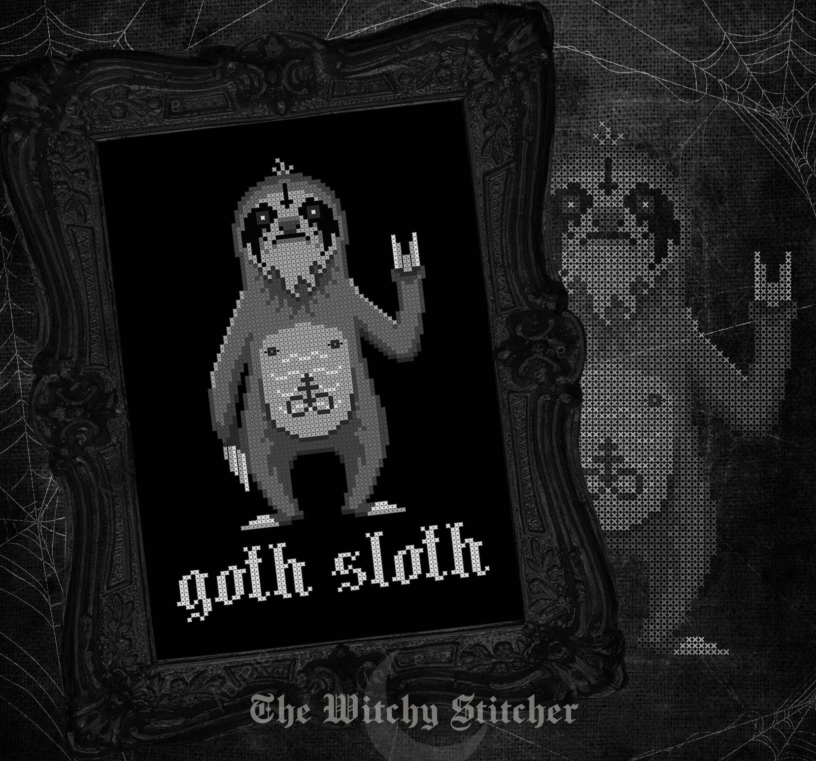 Goth Sloth - Halloween Cross Stitch Pattern, zoomed in. Select this picture to zoom back out.