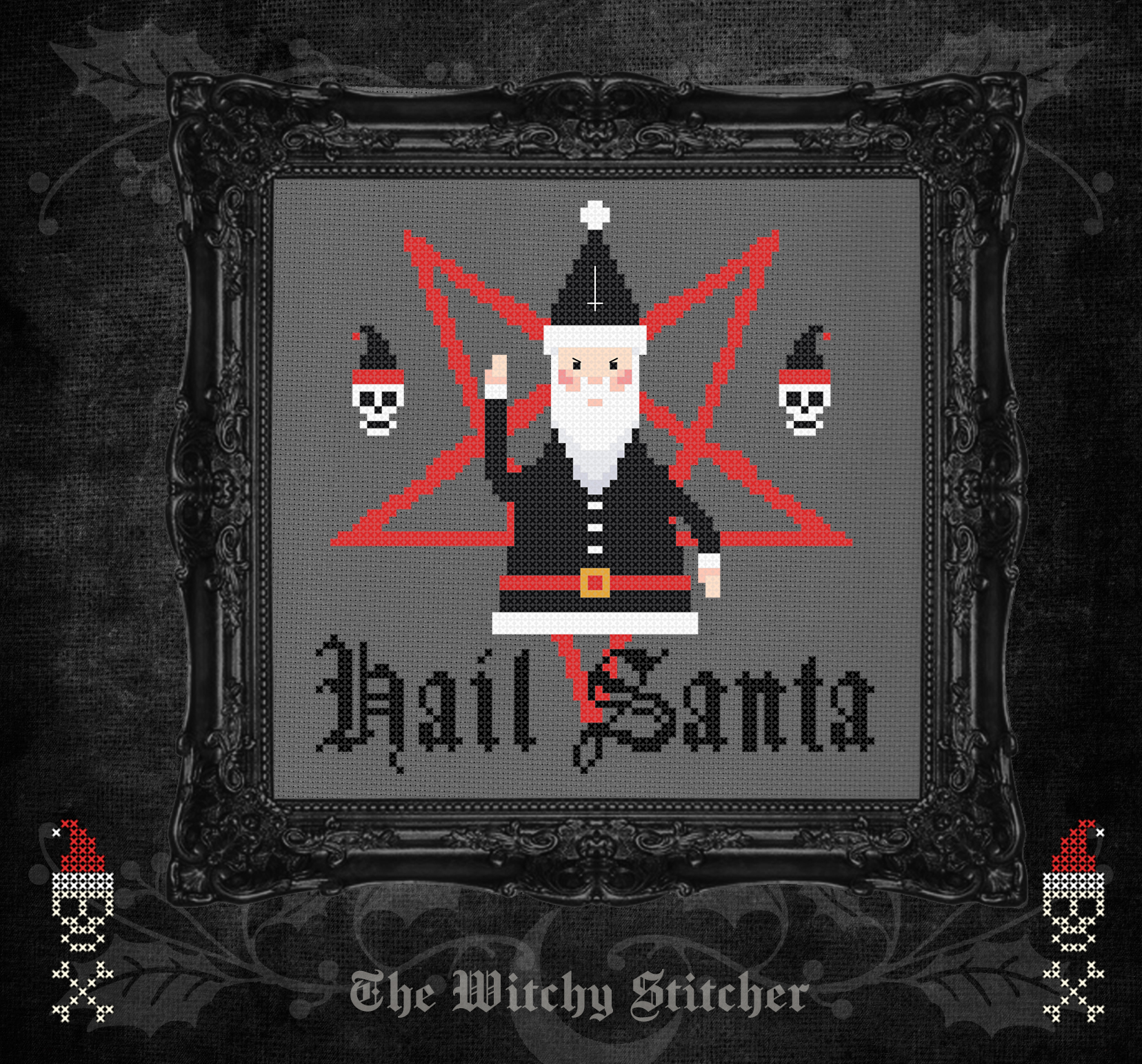 Hail Santa - Christmas Cross Stitch Pattern, different perspective #1, zoomed in. Select this picture to zoom back out.