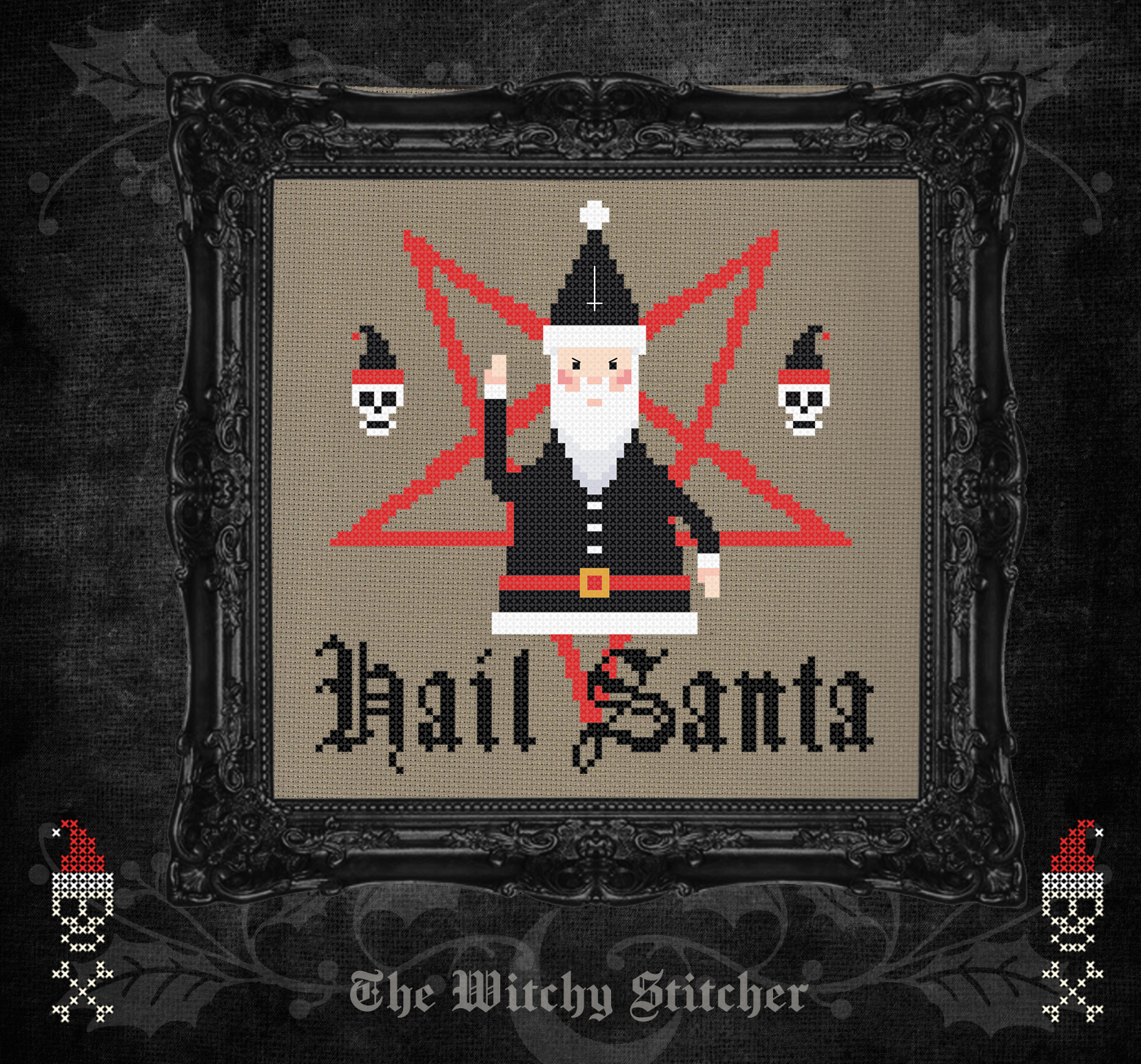 Hail Santa - Christmas Cross Stitch Pattern, different perspective #2, zoomed in. Select this picture to zoom back out.