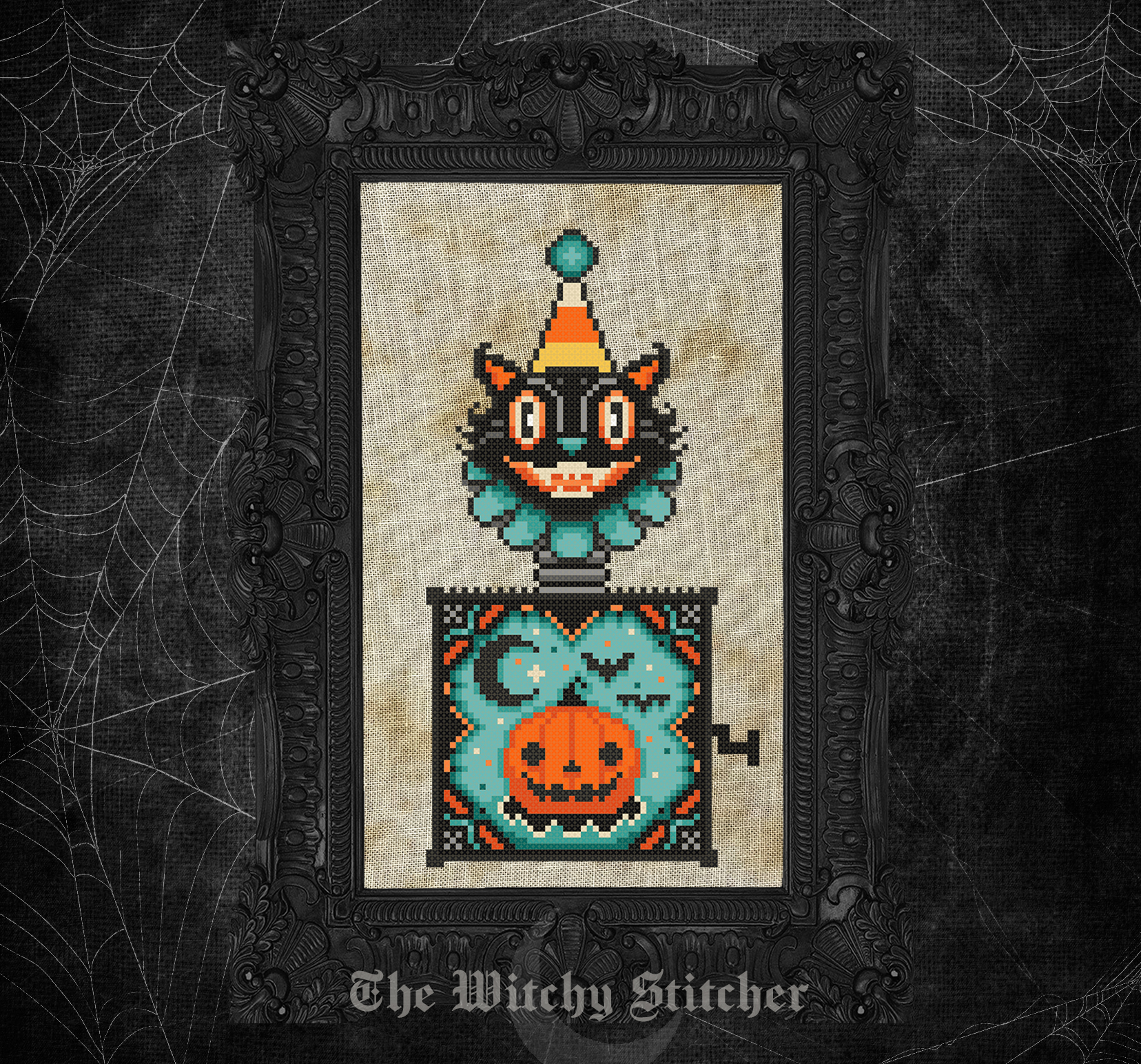 Hallow Kitty Surprise - Halloween Cross Stitch Pattern, different perspective #1, zoomed in. Select this picture to zoom back out.