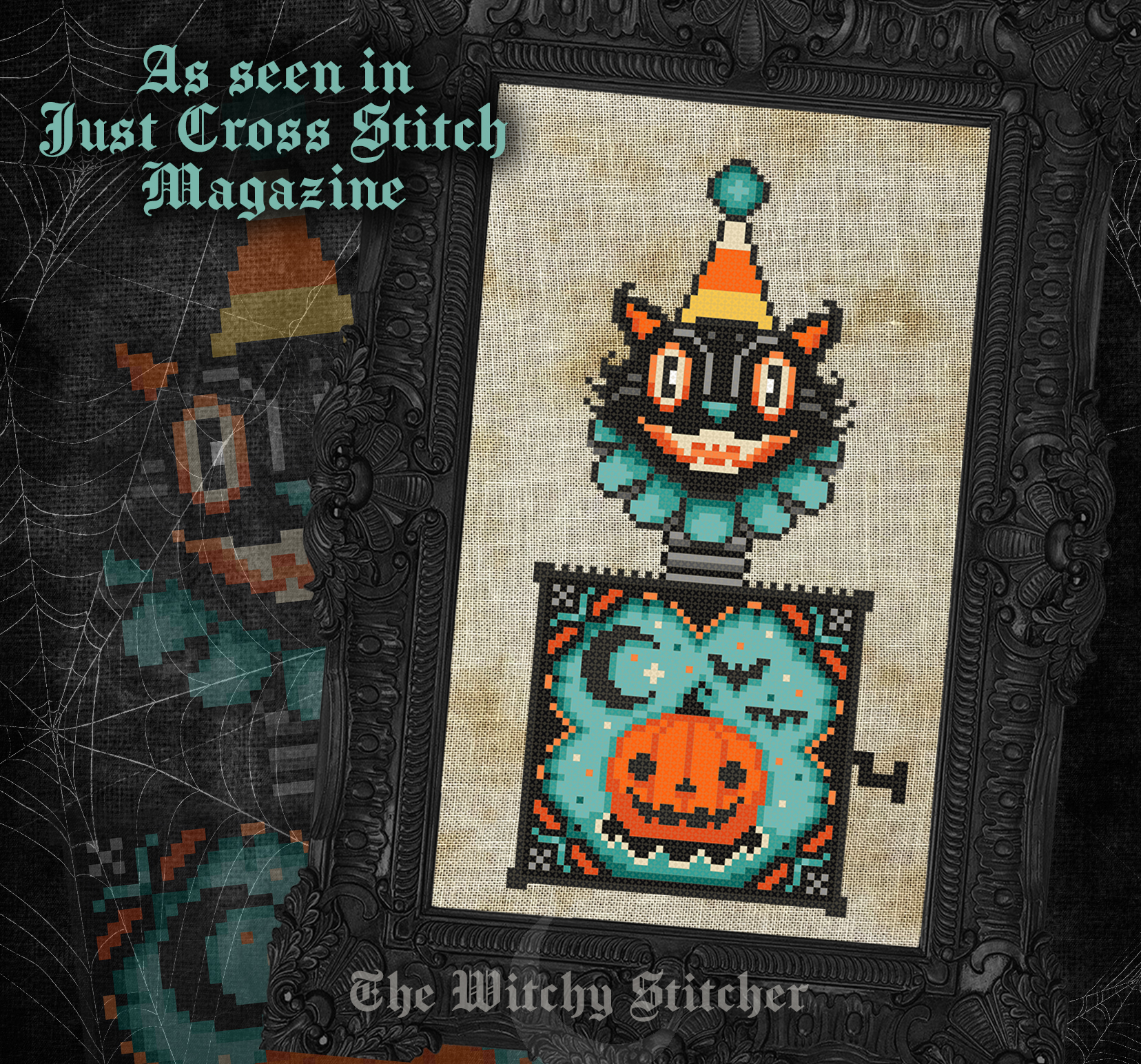 Hallow Kitty Surprise - Halloween Cross Stitch Pattern, zoomed in. Select this picture to zoom back out.