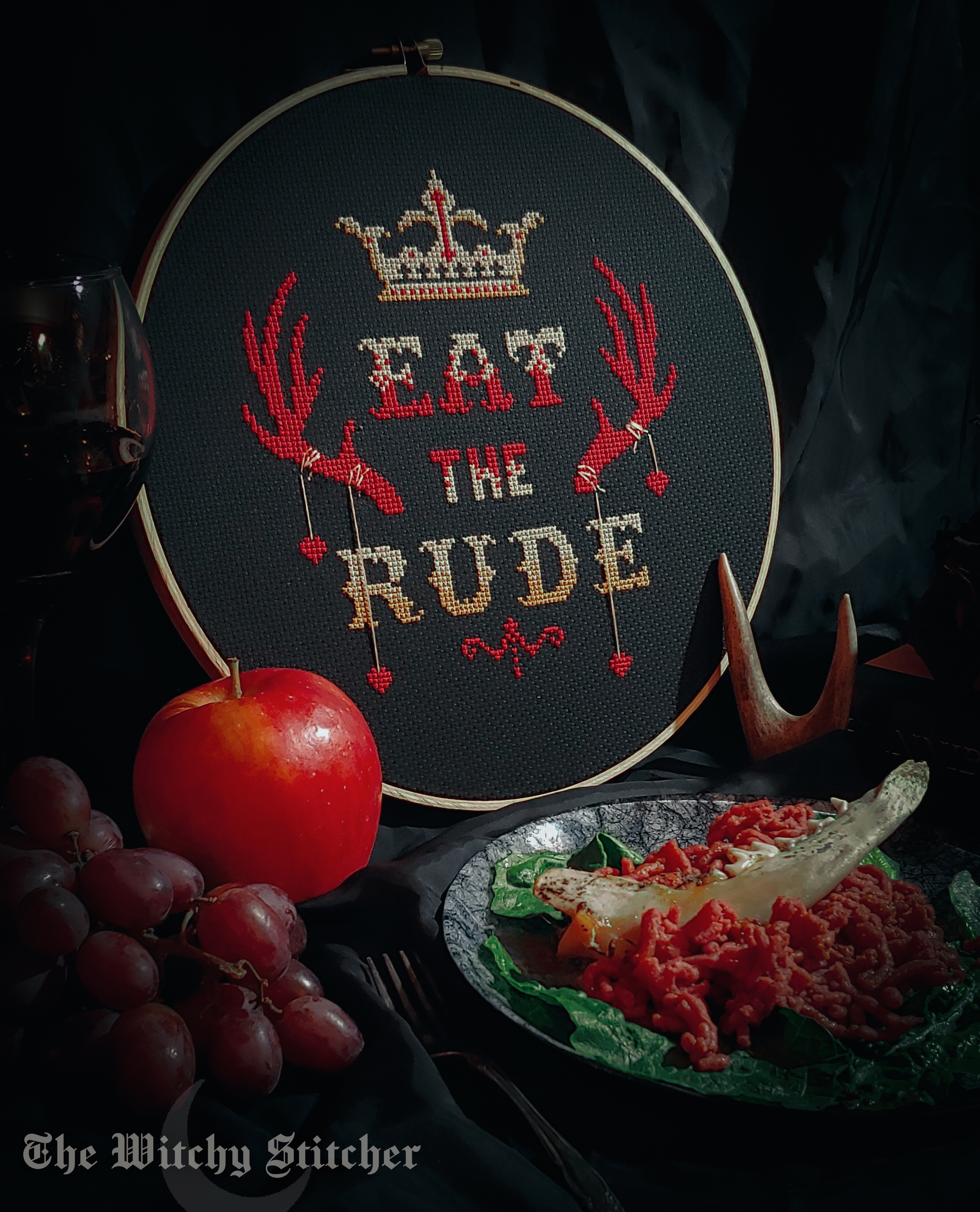 Eat The Rude - Halloween Cross Stitch Pattern, different perspective #1, zoomed in. Select this picture to zoom back out.