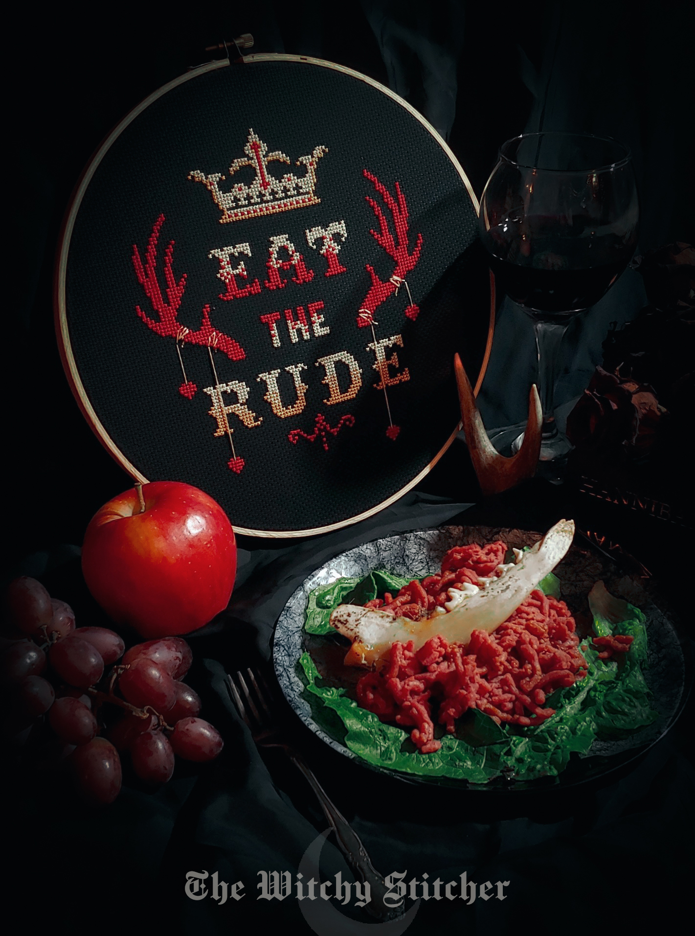 Eat The Rude - Halloween Cross Stitch Pattern, different perspective #2, zoomed in. Select this picture to zoom back out.