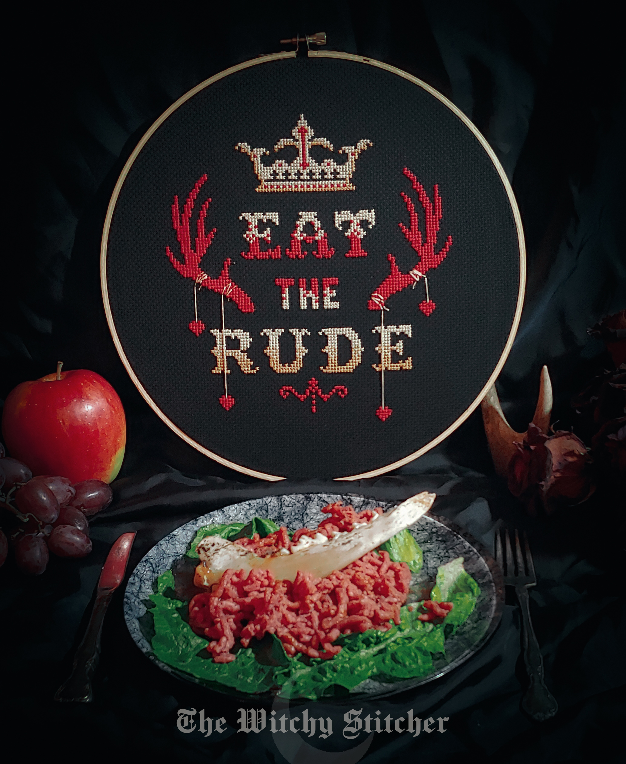 Eat The Rude - Halloween Cross Stitch Pattern, zoomed in. Select this picture to zoom back out.