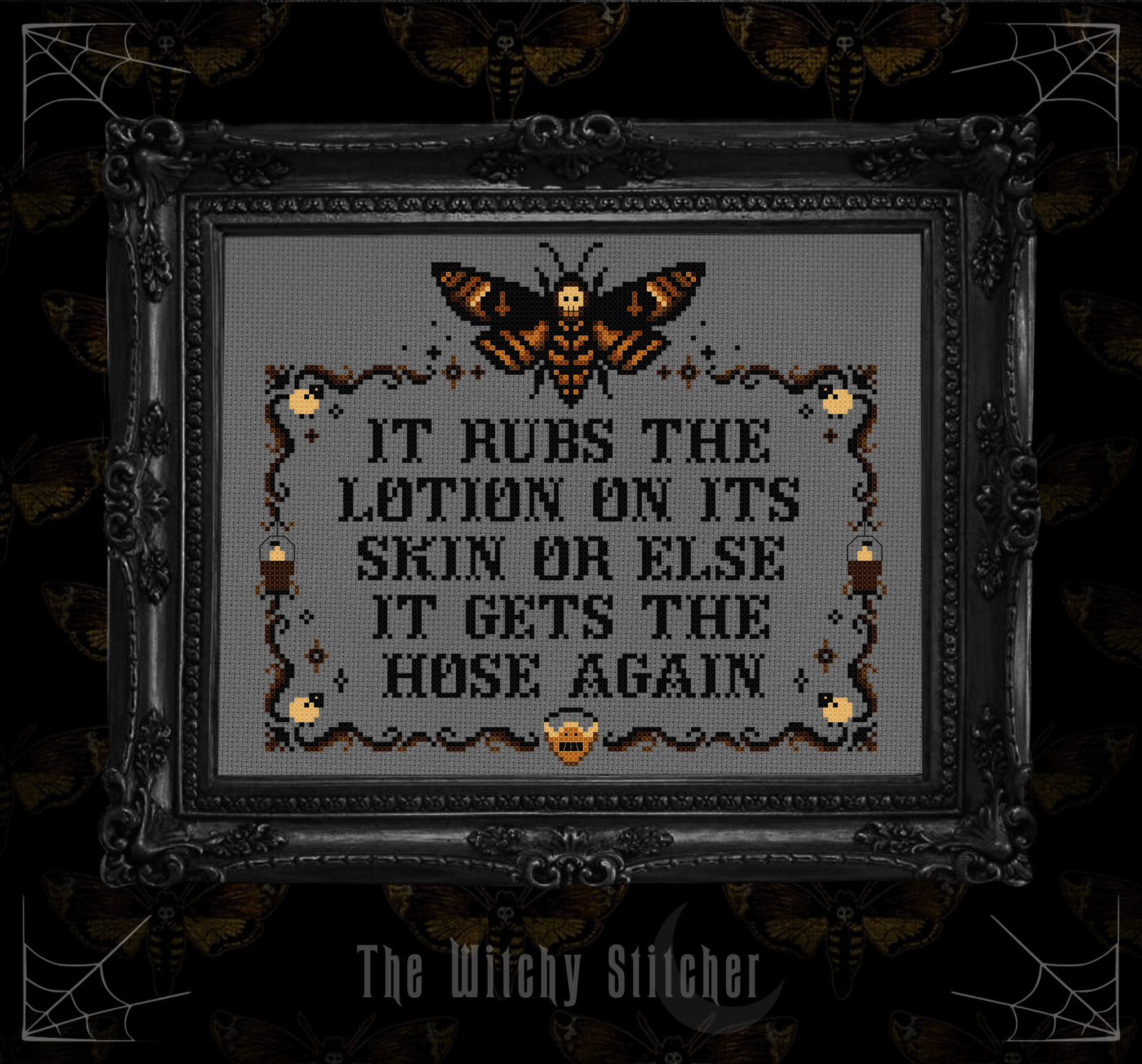 It Rubs The Lotion - Halloween Cross Stitch Pattern, different perspective #1, zoomed in. Select this picture to zoom back out.