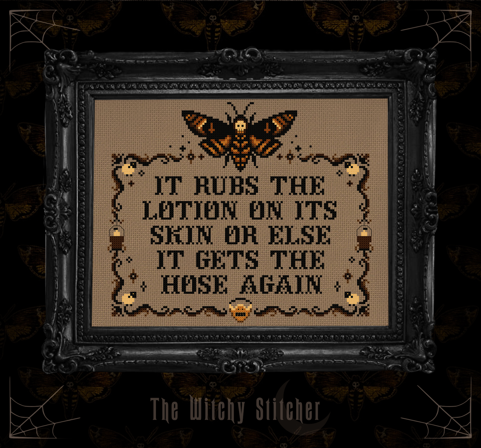 It Rubs The Lotion - Halloween Cross Stitch Pattern, different perspective #2, zoomed in. Select this picture to zoom back out.