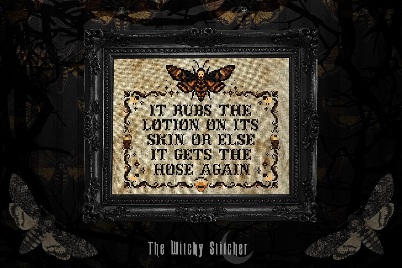 It Rubs The Lotion - Halloween Cross Stitch Pattern, different perspective #3, zoomed in. Select this picture to zoom back out.