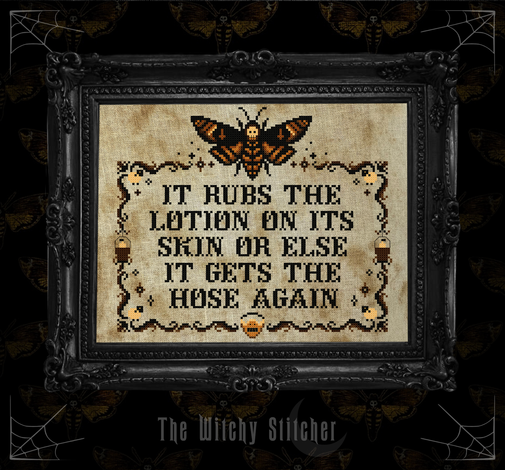 It Rubs The Lotion - Halloween Cross Stitch Pattern, zoomed in. Select this picture to zoom back out.