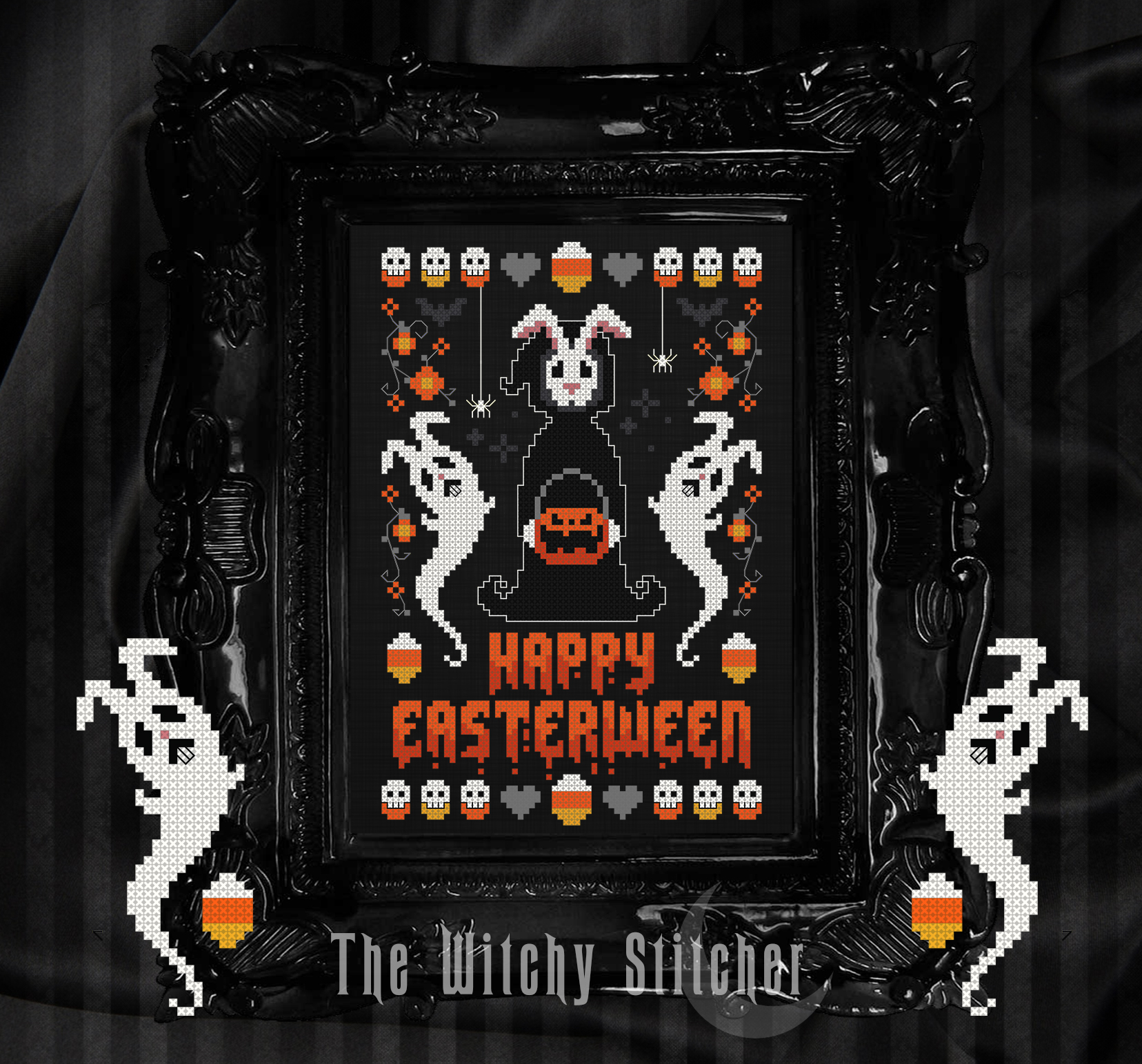 Happy Easterween - Easter PDF Cross Stitch Pattern, different perspective #1, zoomed in. Select this picture to zoom back out.