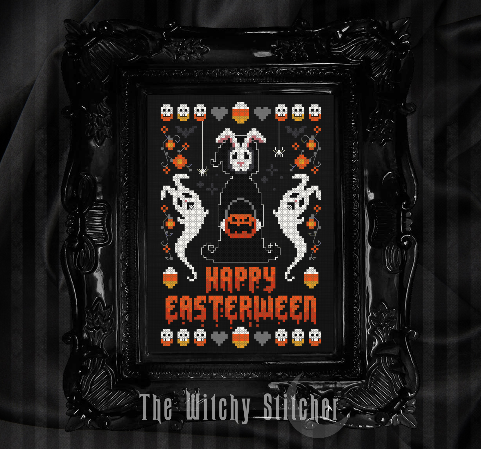 Happy Easterween - Easter PDF Cross Stitch Pattern, different perspective #2, zoomed in. Select this picture to zoom back out.