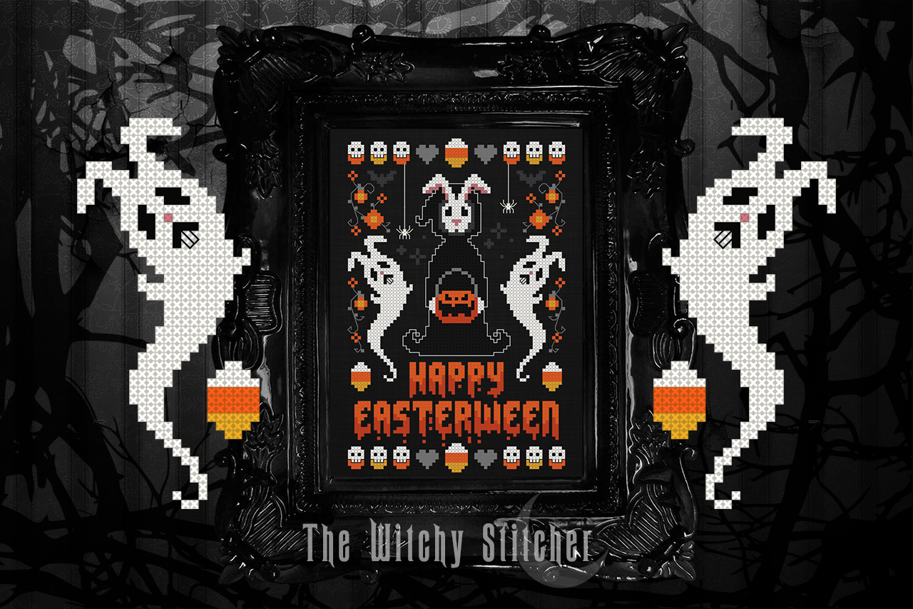 Happy Easterween - Easter PDF Cross Stitch Pattern, different perspective #3, zoomed in. Select this picture to zoom back out.