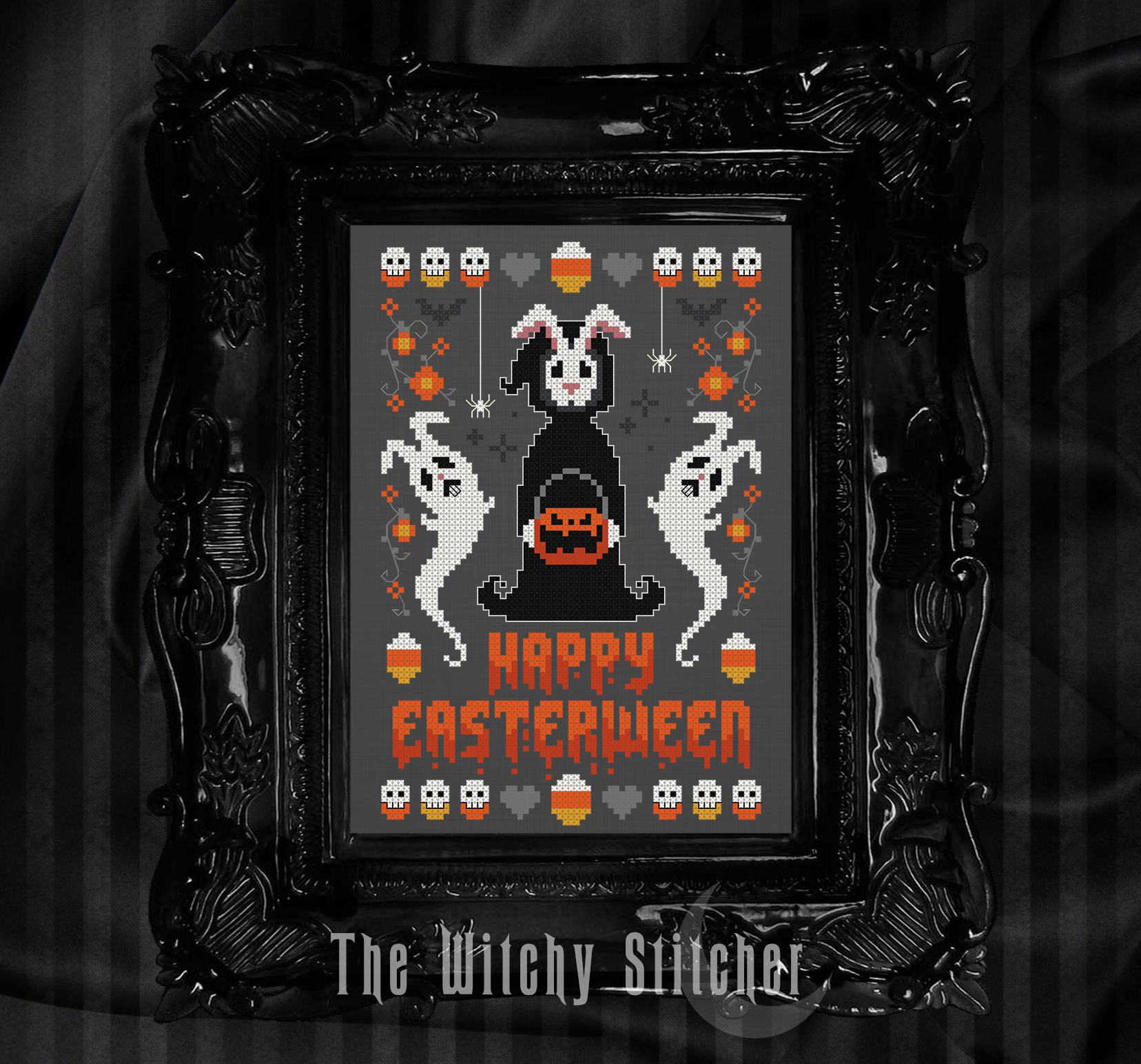 Happy Easterween - Easter PDF Cross Stitch Pattern, zoomed in. Select this picture to zoom back out.