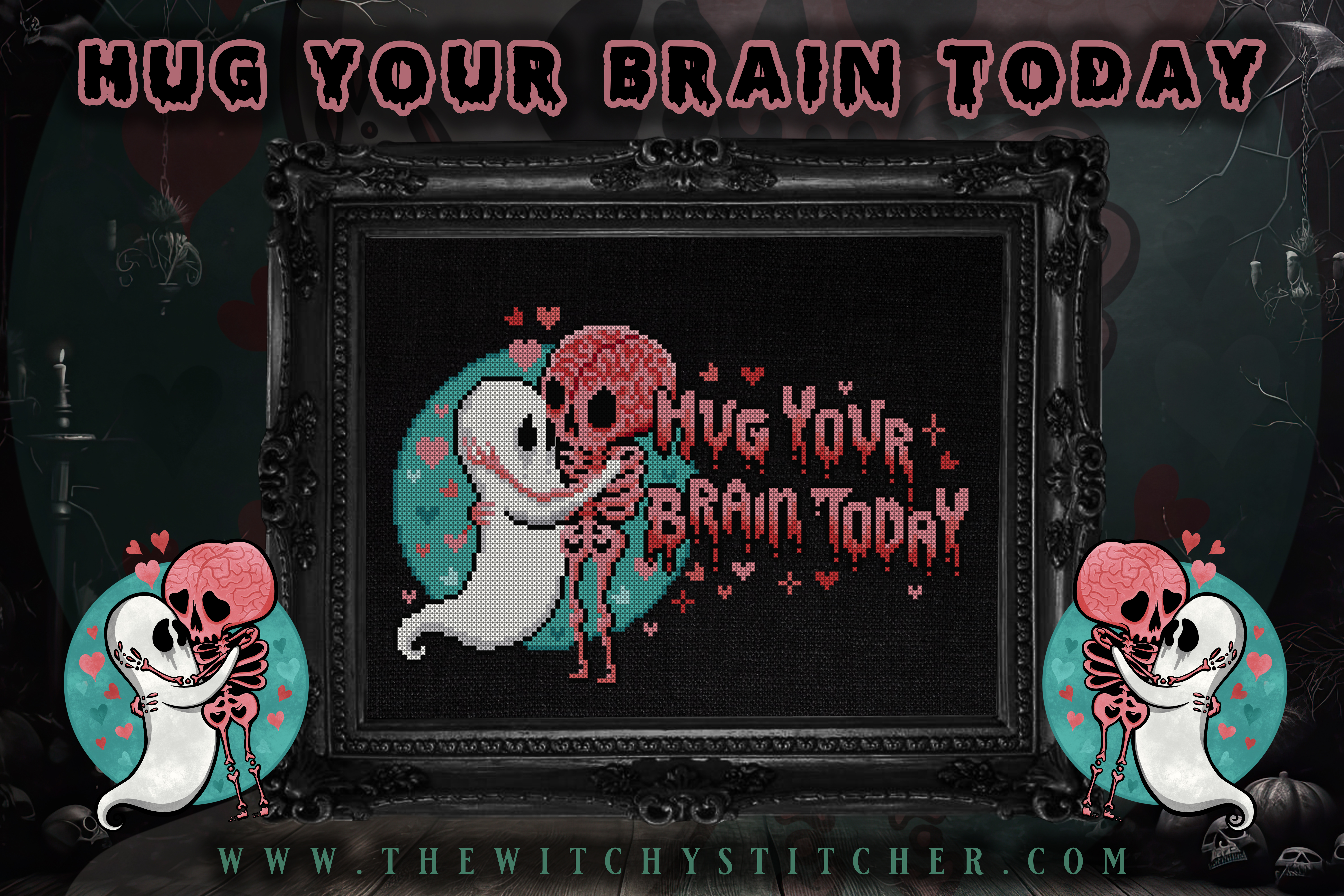 Hug Your Brain Today - Halloween PDF Cross Stitch Pattern, different perspective #1, zoomed in. Select this picture to zoom back out.