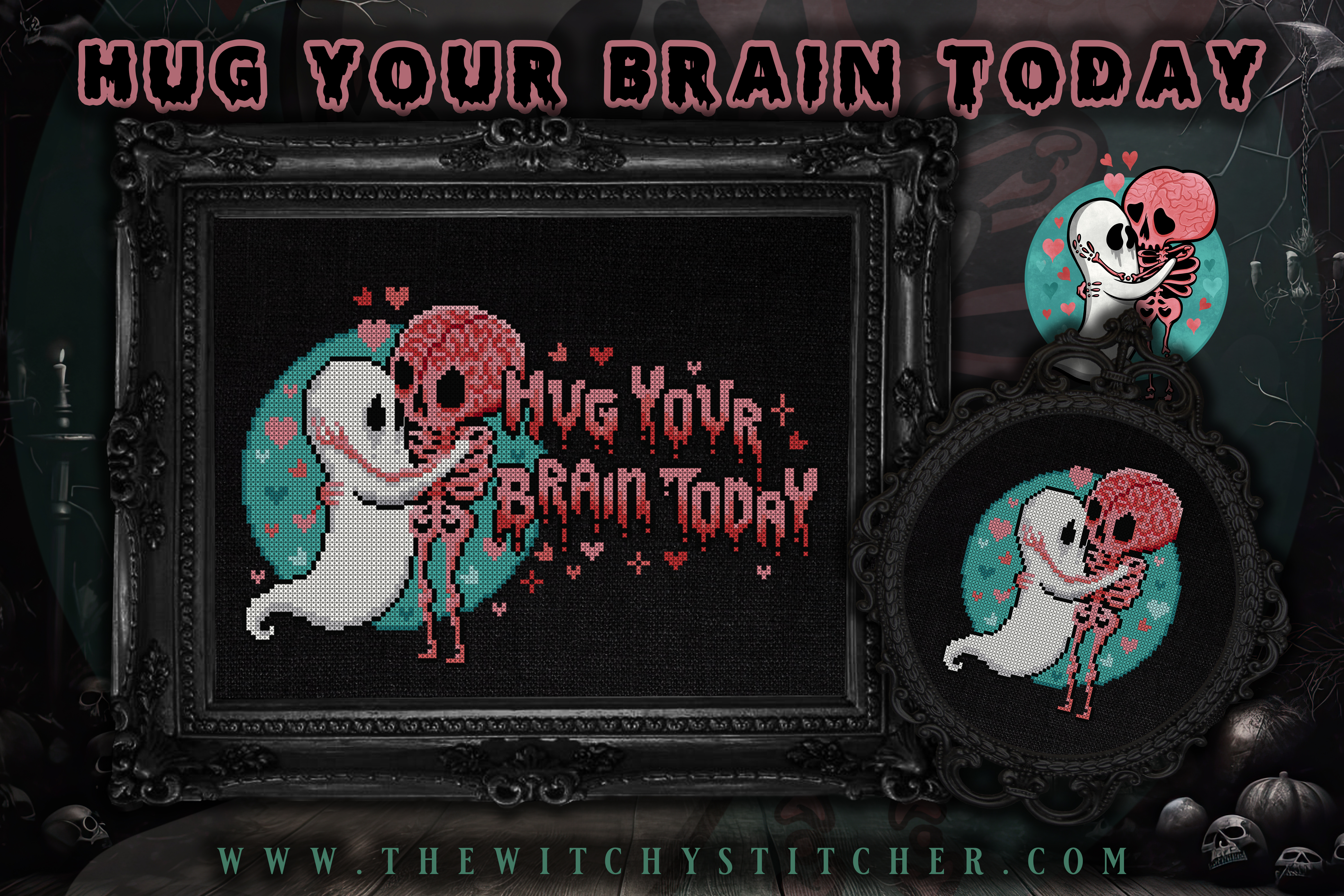 Hug Your Brain Today - Halloween PDF Cross Stitch Pattern, different perspective #2, zoomed in. Select this picture to zoom back out.
