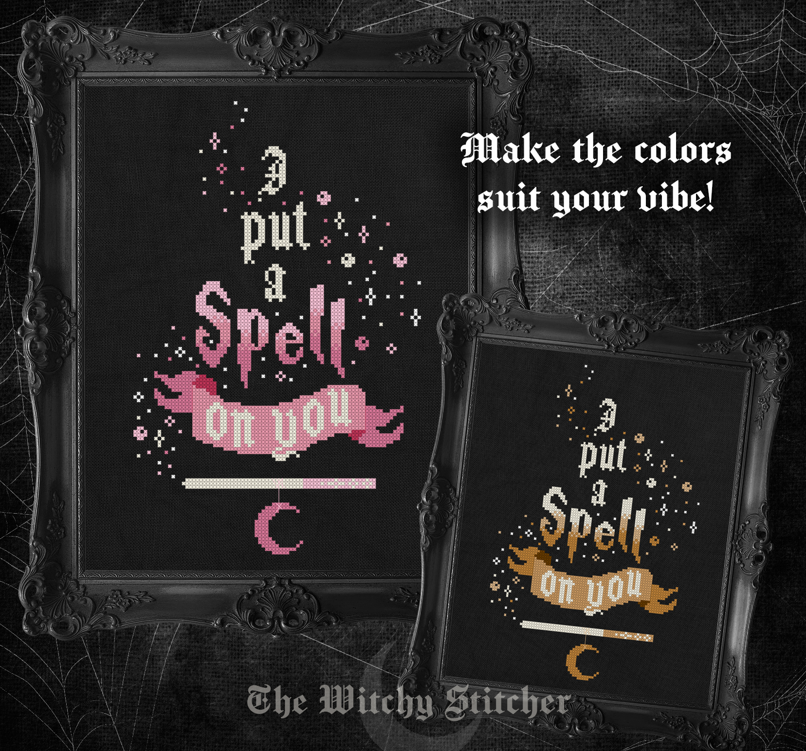 I Put A Spell On You - Halloween PDF Cross Stitch Pattern, different perspective #1, zoomed in. Select this picture to zoom back out.