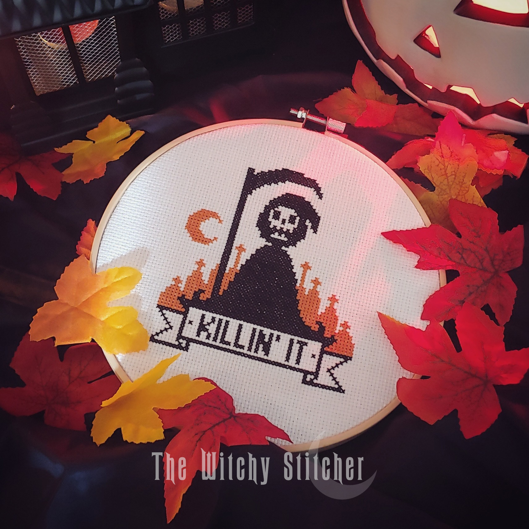 Killin It - Halloween Cross Stitch Pattern, different perspective #2, zoomed in. Select this picture to zoom back out.