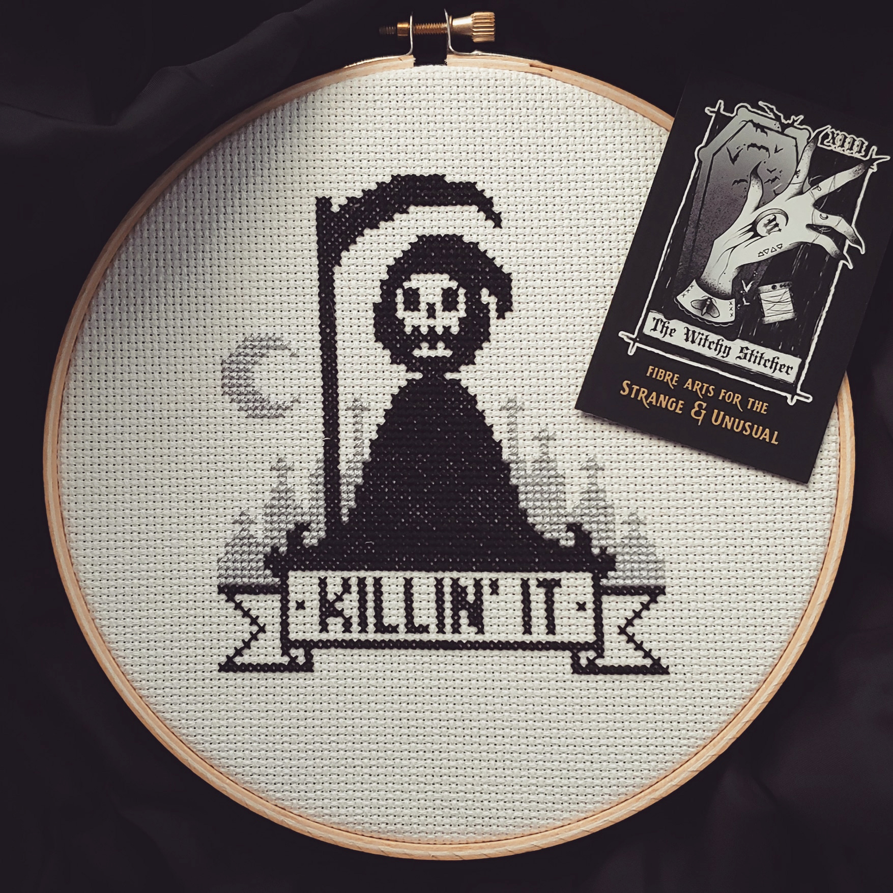 Killin It - Halloween Cross Stitch Pattern, different perspective #3, zoomed in. Select this picture to zoom back out.