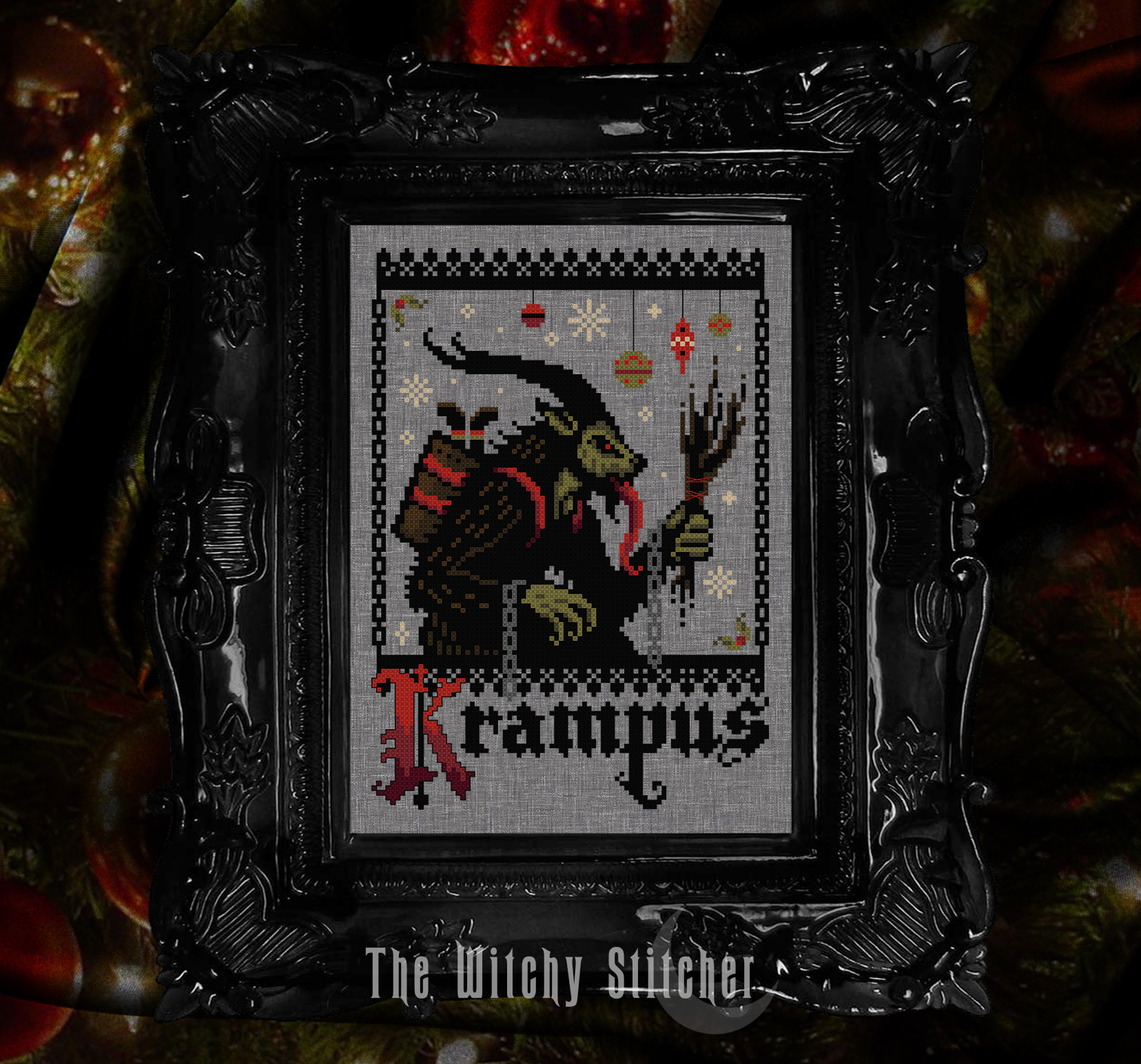 Krampus - Christmas Cross Stitch Pattern, different perspective #1, zoomed in. Select this picture to zoom back out.