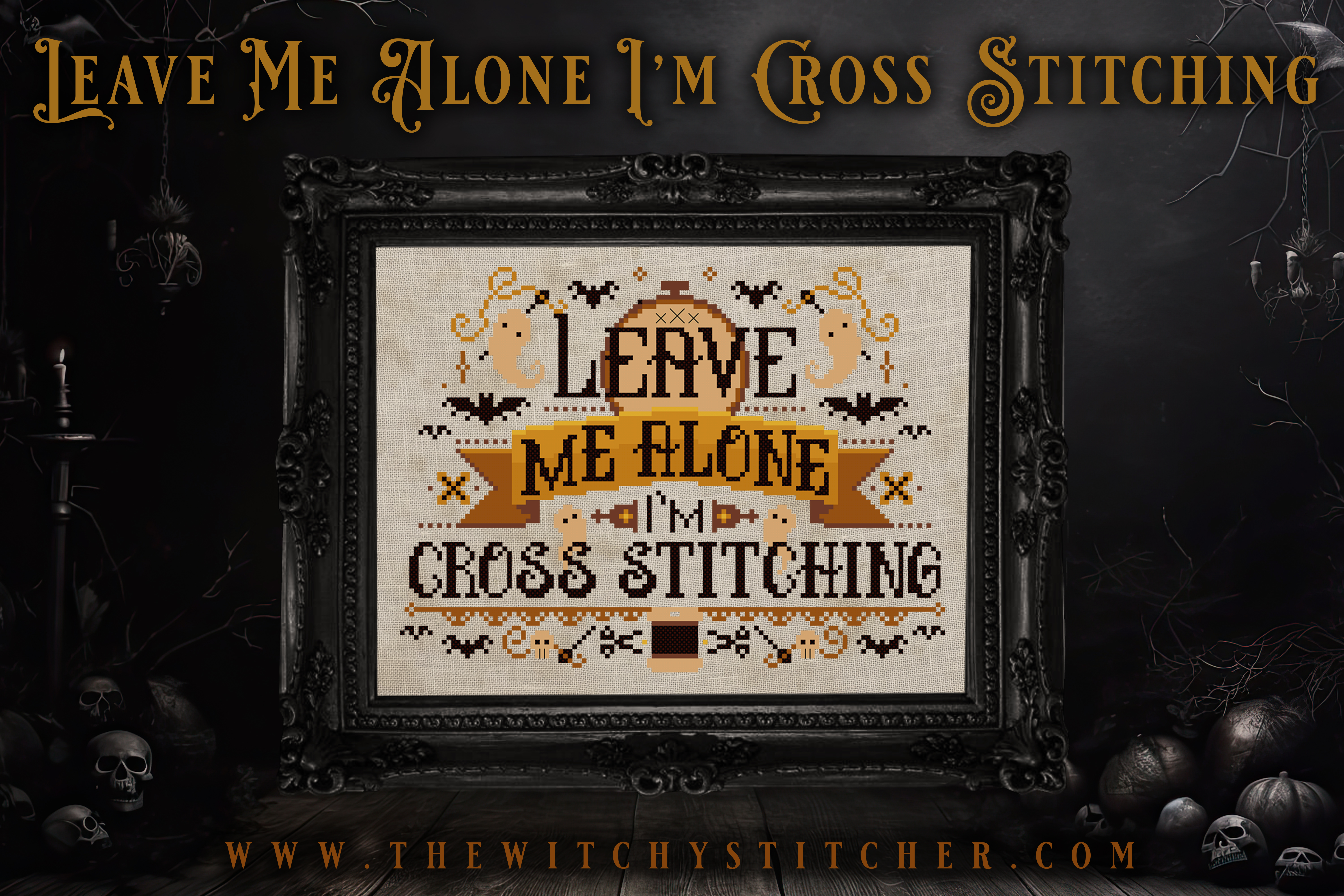 Leave Me Alone... - Halloween Cross Stitch Pattern, different perspective #2, zoomed in. Select this picture to zoom back out.