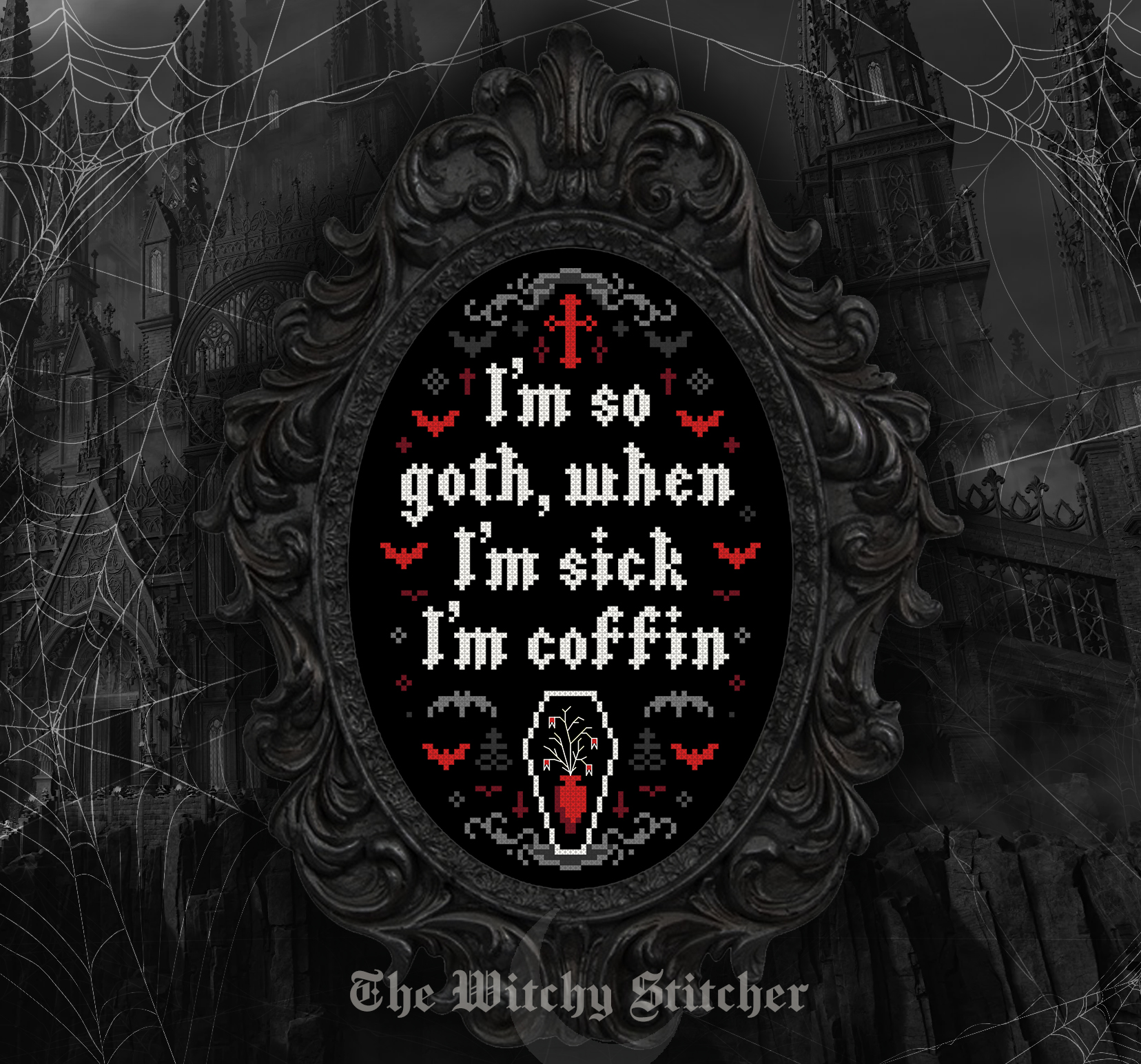 I'm So Goth - Halloween Cross Stitch Pattern, different perspective #1, zoomed in. Select this picture to zoom back out.