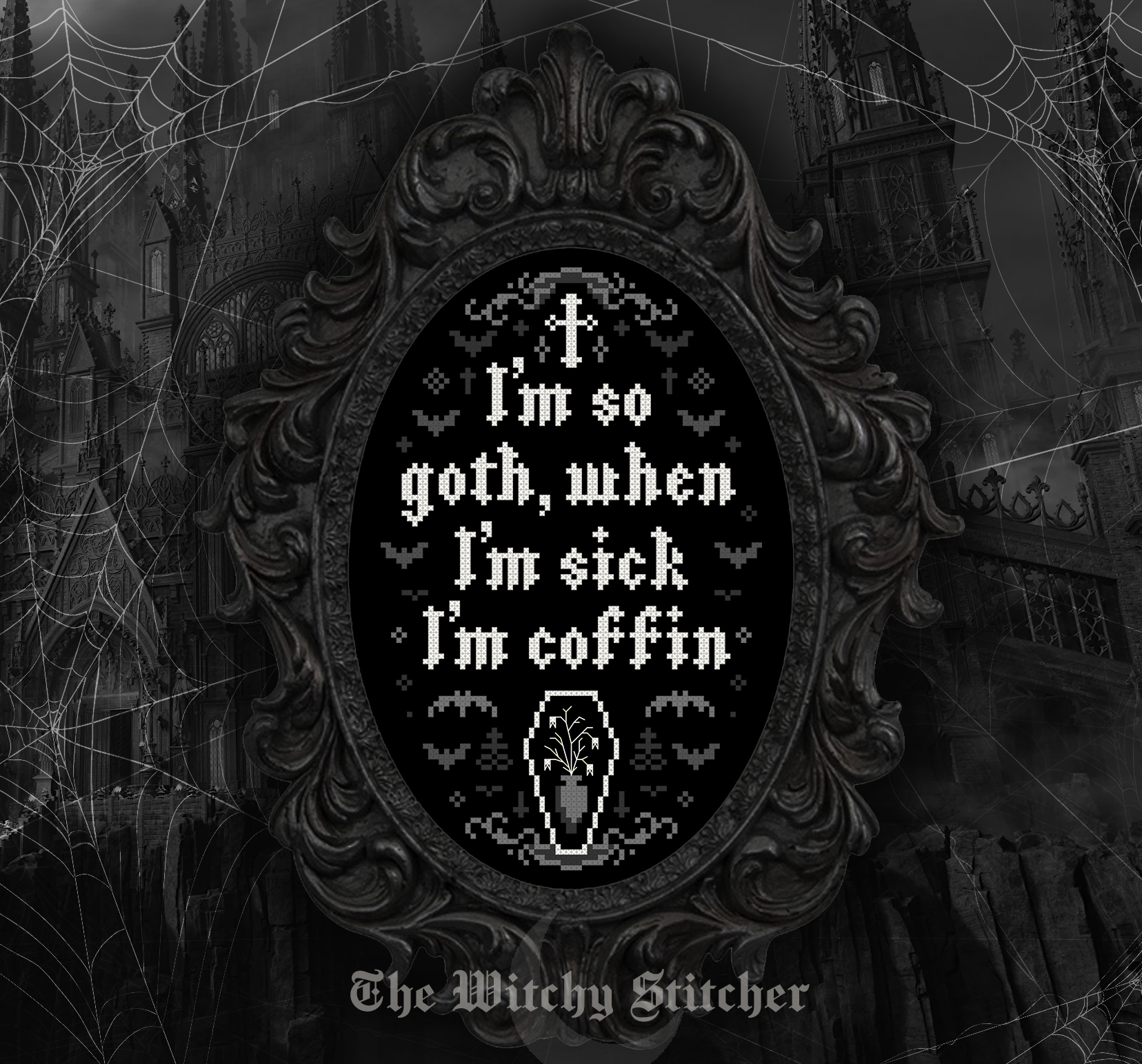 I'm So Goth - Halloween Cross Stitch Pattern, different perspective #2, zoomed in. Select this picture to zoom back out.