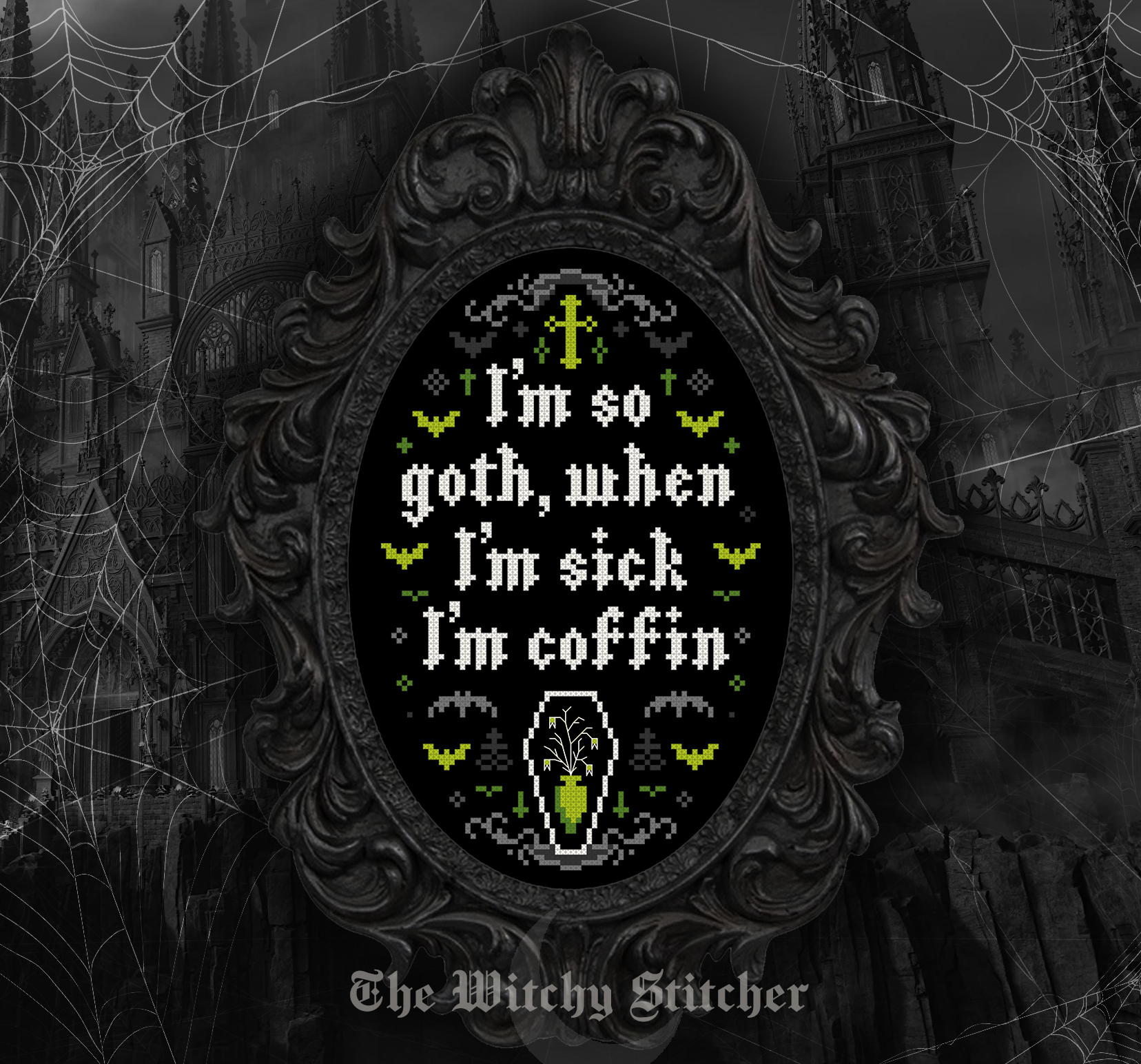 I'm So Goth - Halloween Cross Stitch Pattern, different perspective #3, zoomed in. Select this picture to zoom back out.
