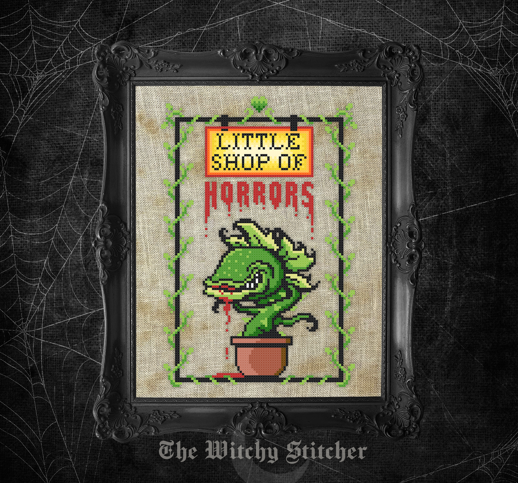 Little Shop of Horrors - Cross Stitch Pattern, different perspective #1, zoomed in. Select this picture to zoom back out.