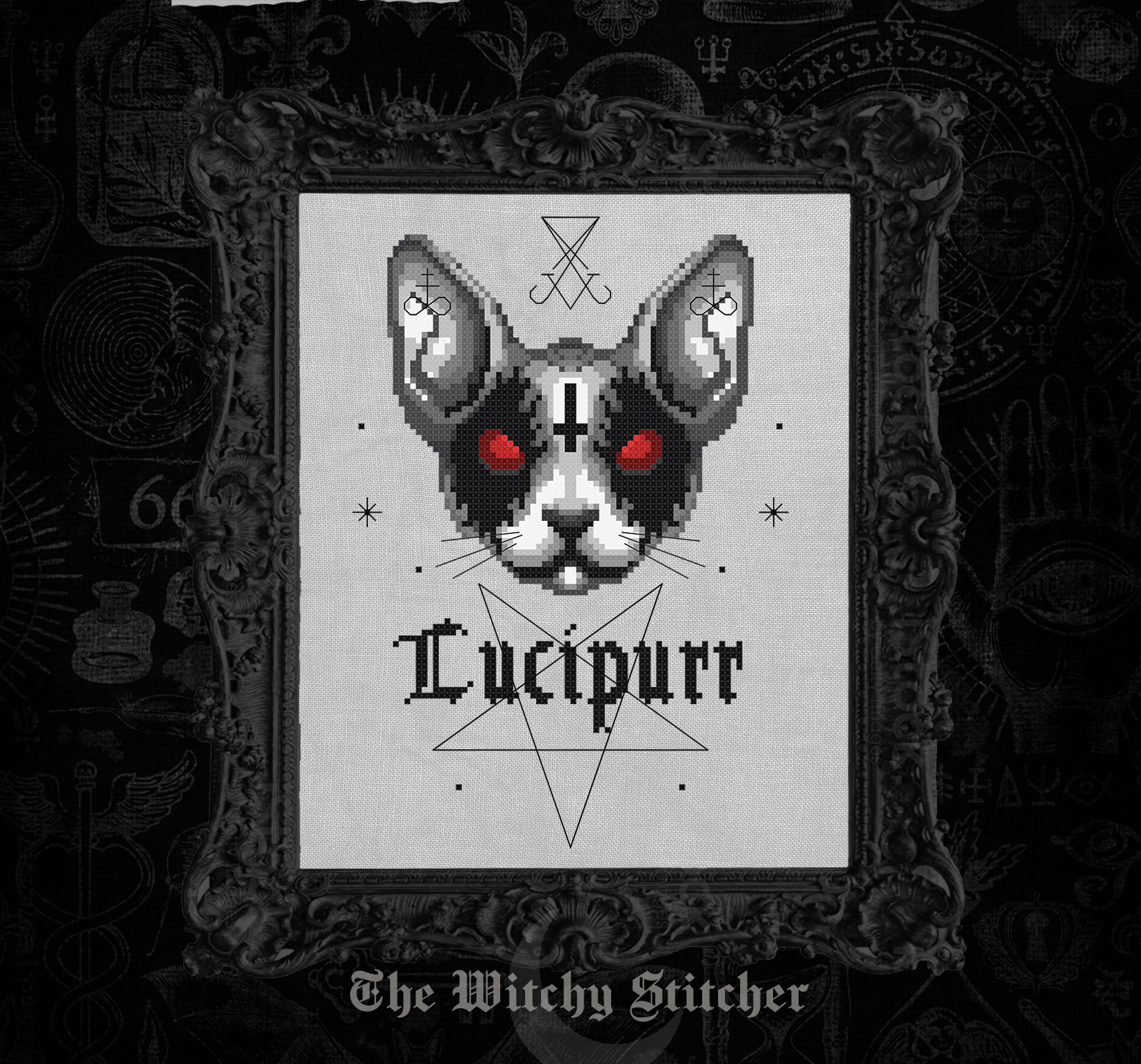 Lucipurr- Cross Stitch Pattern, different perspective #1, zoomed in. Select this picture to zoom back out.