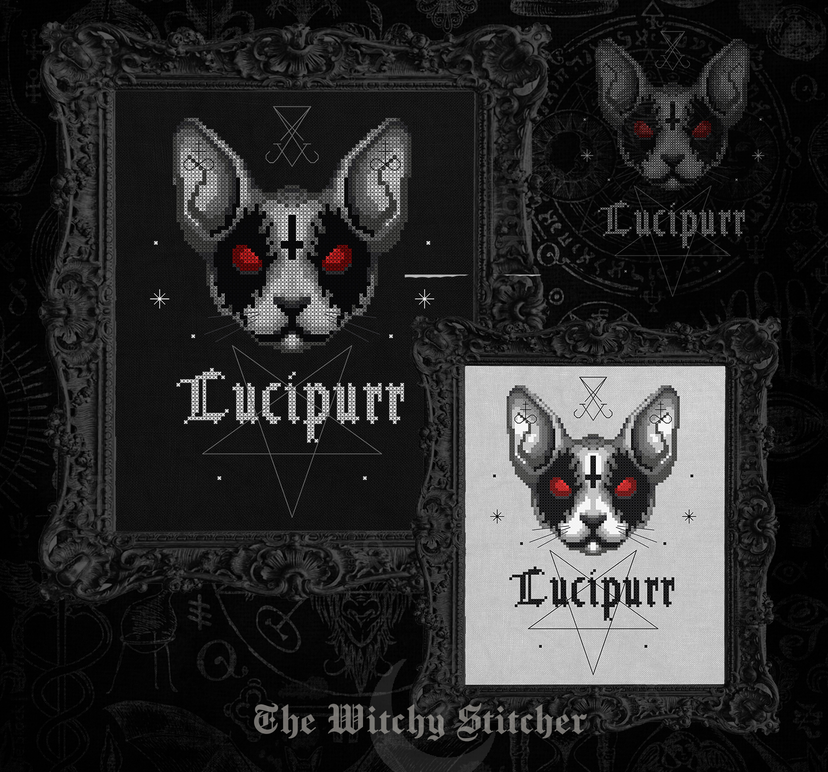Lucipurr- Cross Stitch Pattern, different perspective #2, zoomed in. Select this picture to zoom back out.