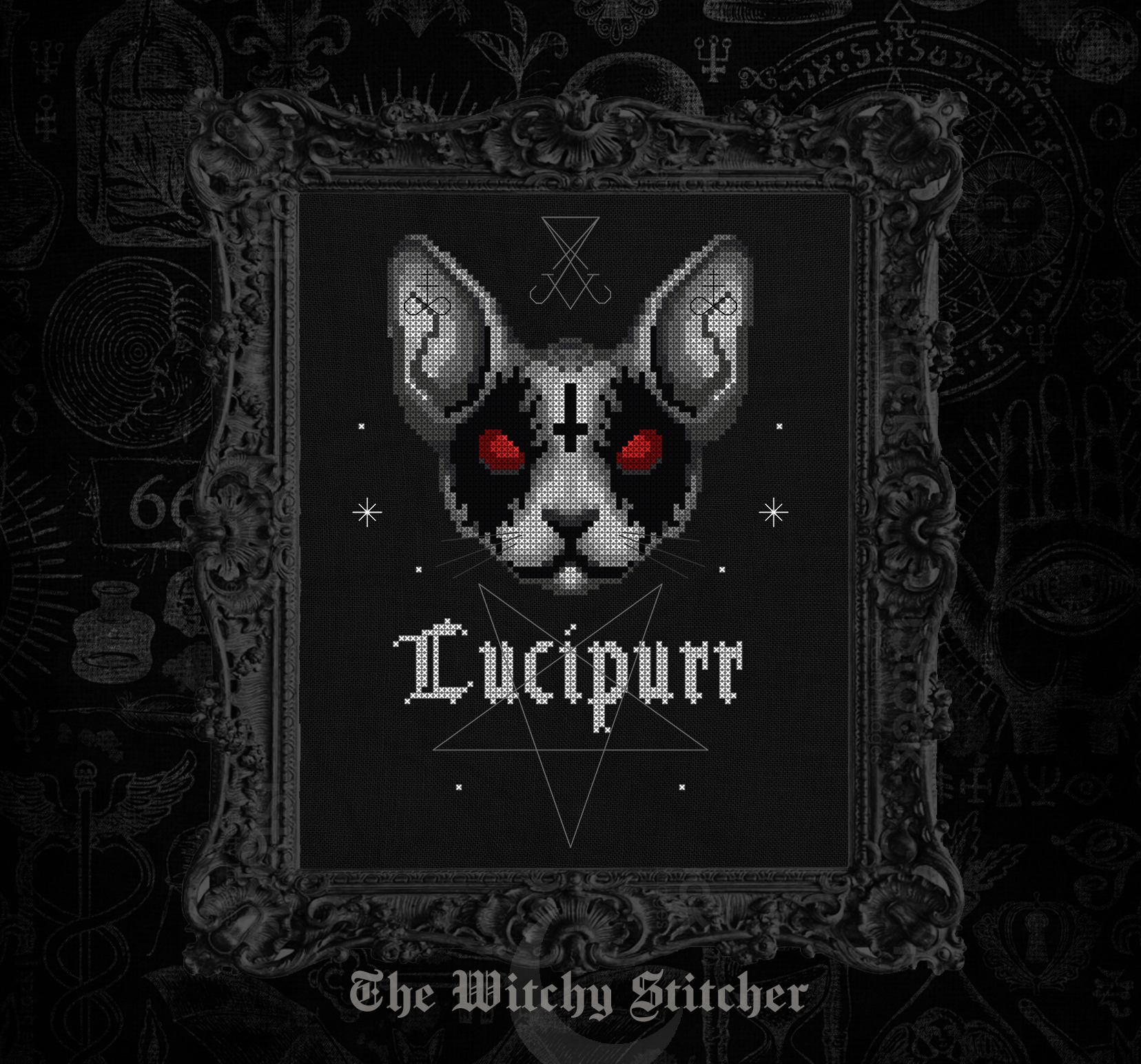 Lucipurr- Cross Stitch Pattern, zoomed in. Select this picture to zoom back out.
